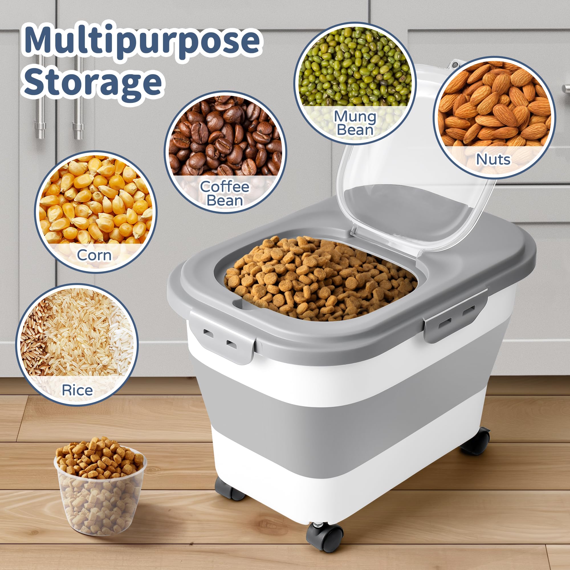 Collapsible Airtight Pet Food Storage Container - 20lbs Silicone Foldable Container for Dog & Cat Food with Measuring Cup - Perfect for Rice, Corn, Coffee Beans, Mung Beans & Nuts - Ideal for Kitchen, Pantry & Travel Use