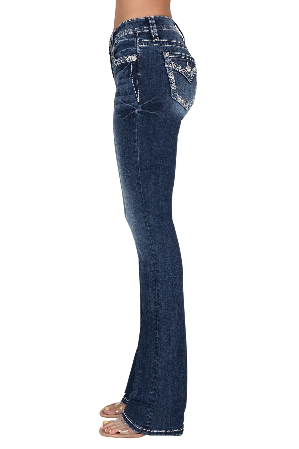 Miss Me Women's Mid Rise Hint of Blue Bootcut Jeans with Faux Flap Pockets - Stylish & Comfortable Denim for Casual Wear, Work & Night Out