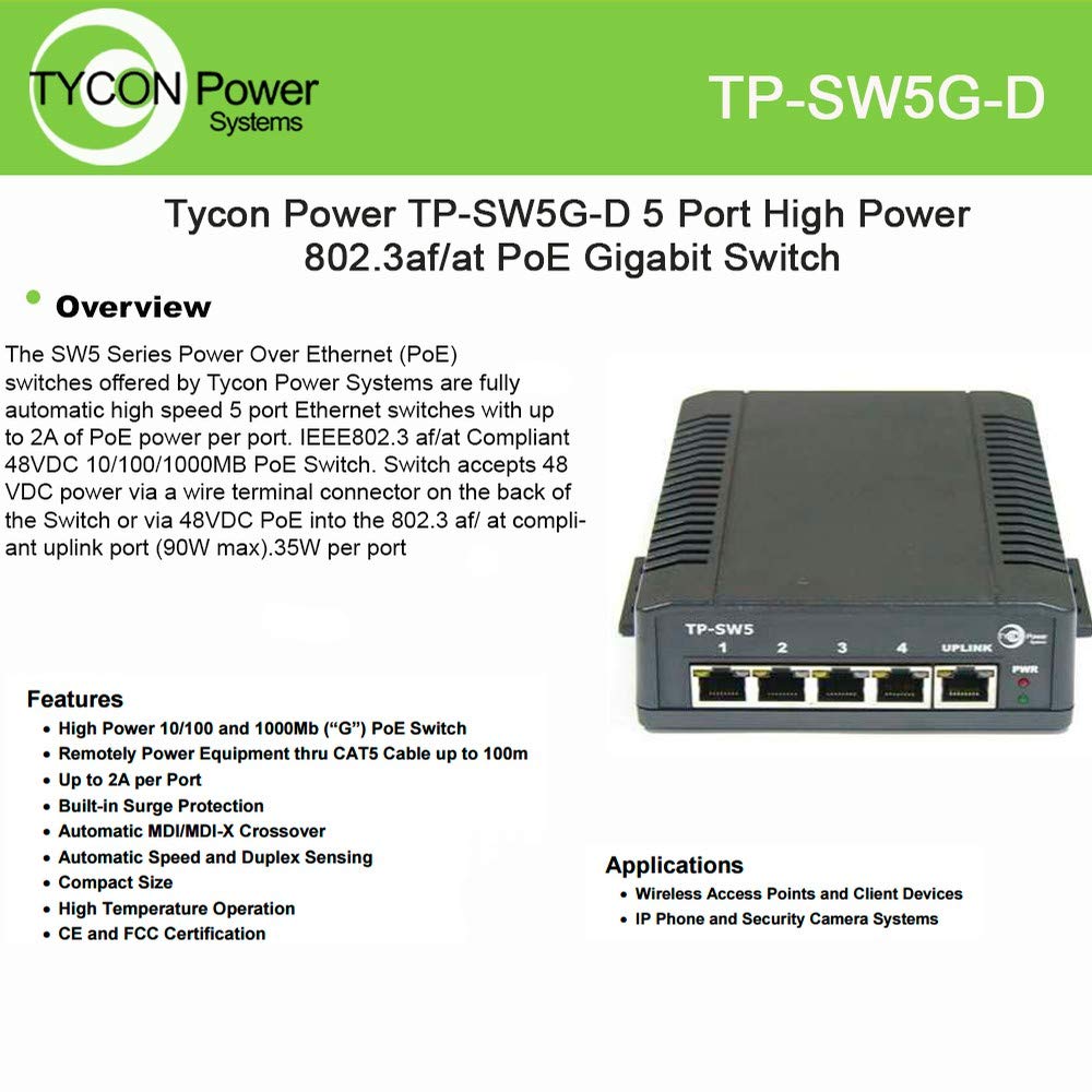 Tycon Power TP-SW5G-D 5-Port Gigabit PoE Switch with 802.3af/at Support - High Power Output for IP Cameras, VoIP Phones & Wireless Access Points (Ideal for Office, Home & Business Networks)