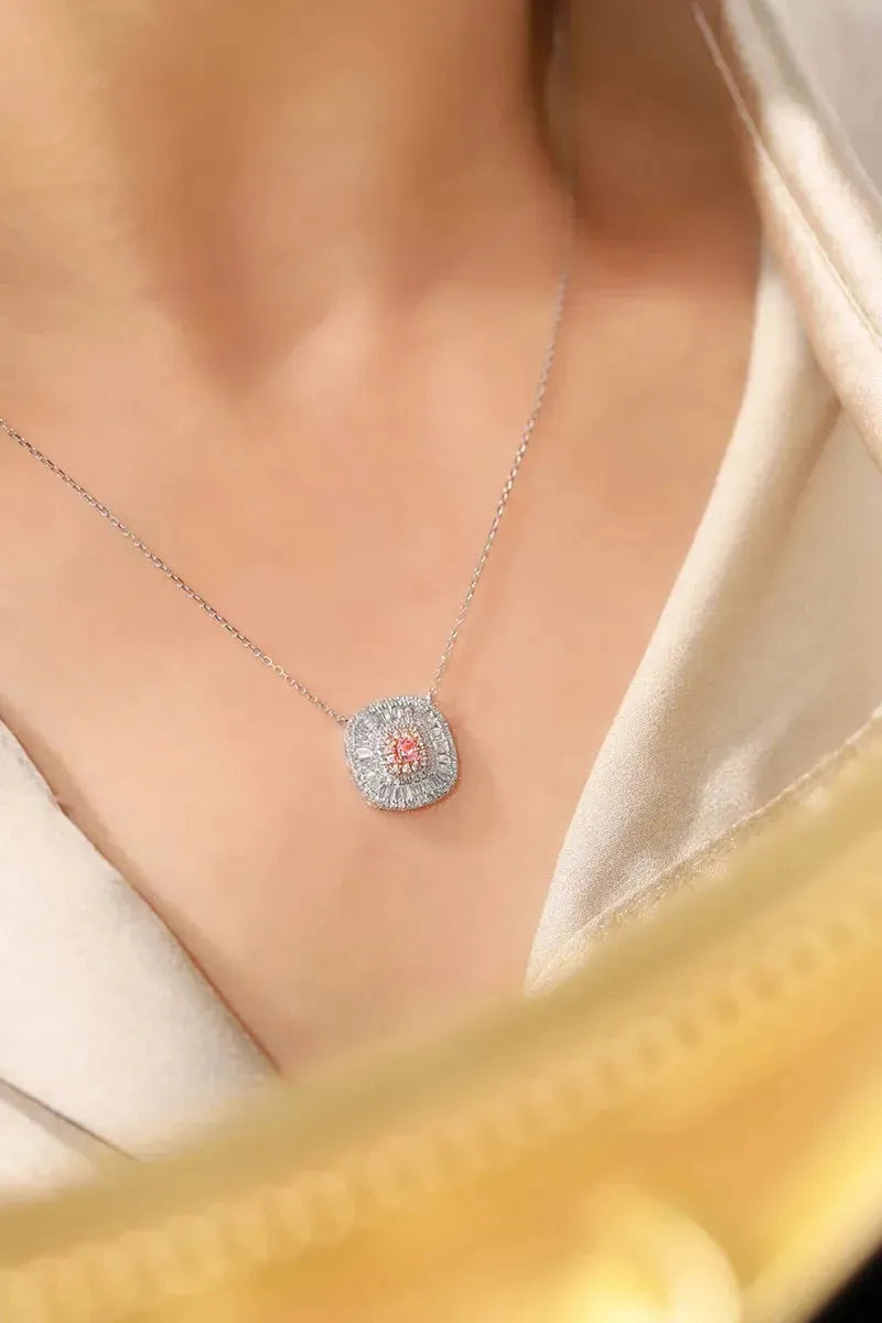 18K White Gold Pink Diamond Pendant Necklace for Women - Square Cut Shiny Real Natural Diamond Jewelry - Perfect for Parties, Weddings & Special Occasions