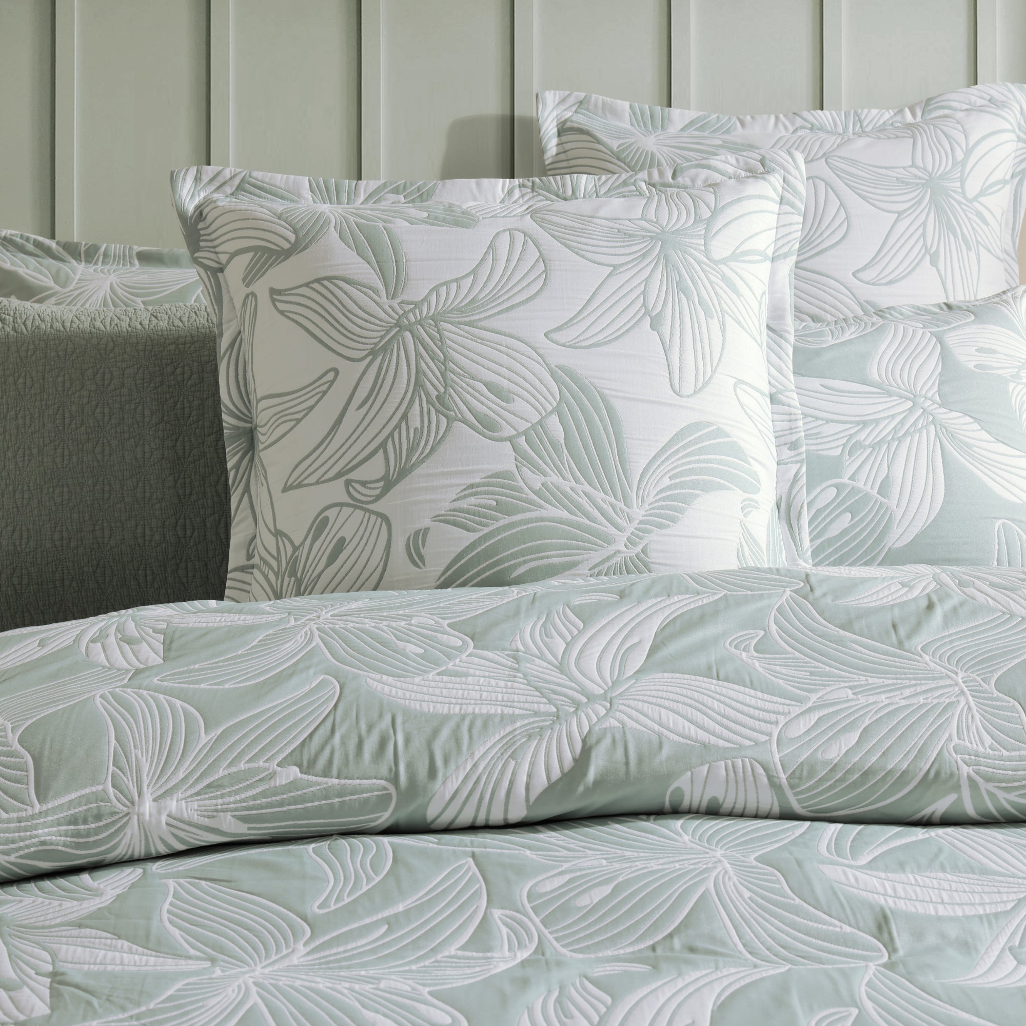 Grace Sage European Pillowcase by Logan and Mason Platinum - Luxury 100% Cotton Pillow Cover for Bedroom Decor, Hotel Style Home Textiles (20x20 inches) - Perfect for Master Bedroom, Guest Room & Airbnb Stays
