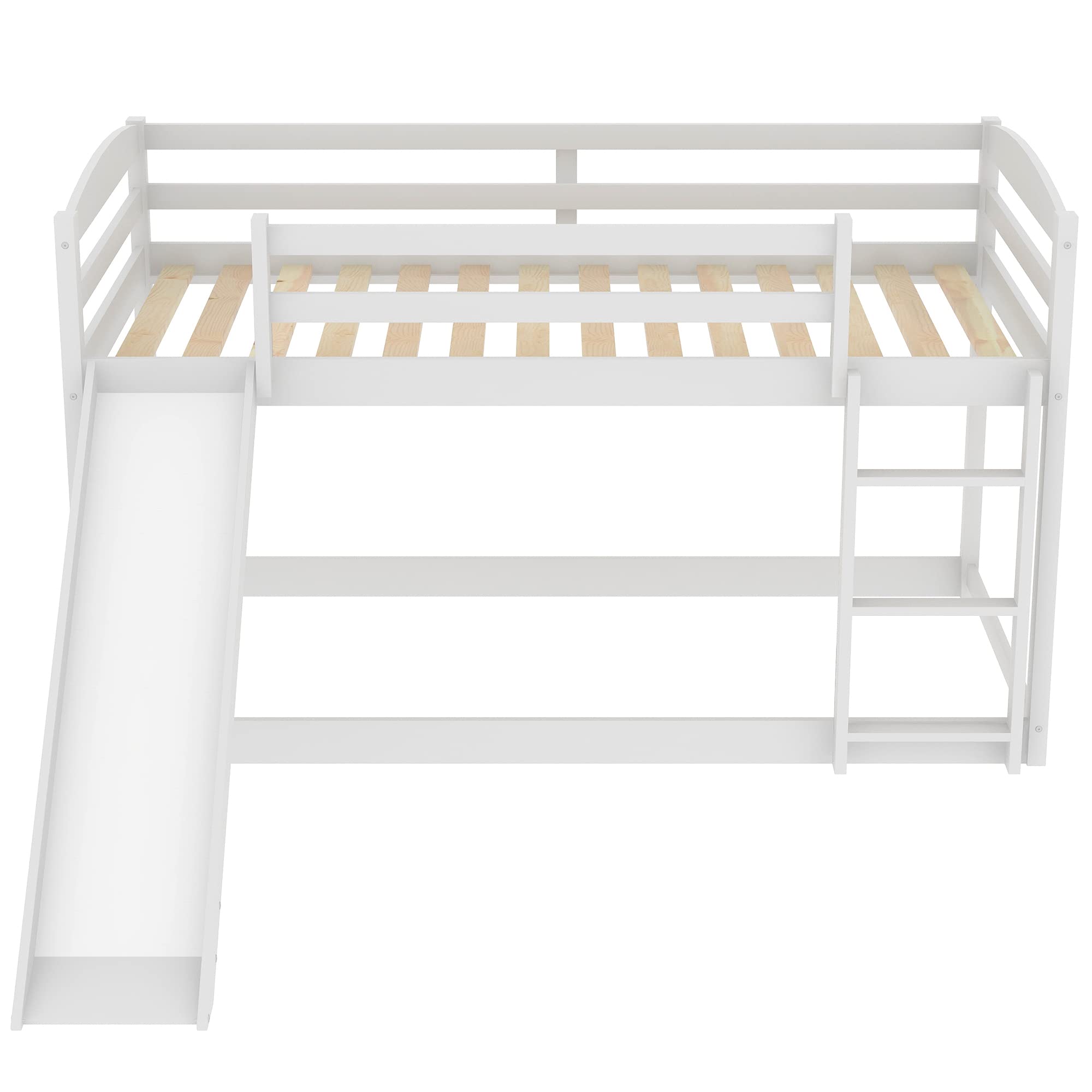 Harper & Bright Designs Low Bunk Bed with Slide - Twin Over Twin Wooden Bunk Bed with Ladder for Kids & Toddlers - White - Perfect for Small Bedrooms, Playrooms & Shared Kids' Spaces
