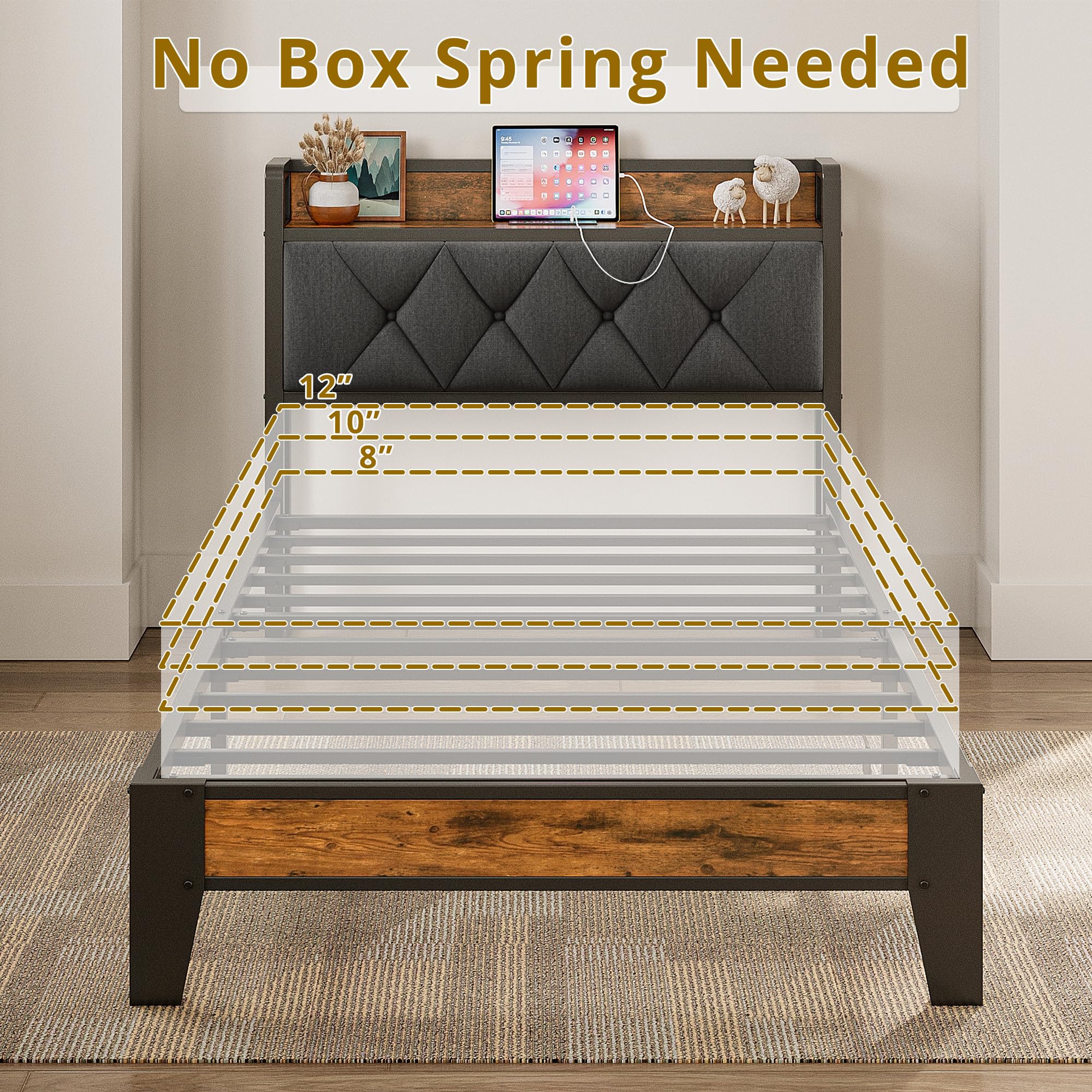 ANCTOR Twin XL Bed Frame with Storage Headboard & USB Outlets - Easy Assembly, Sturdy Metal Platform Bed, No Box Spring Needed - Ideal for Small Spaces, Dorms & Guest Rooms