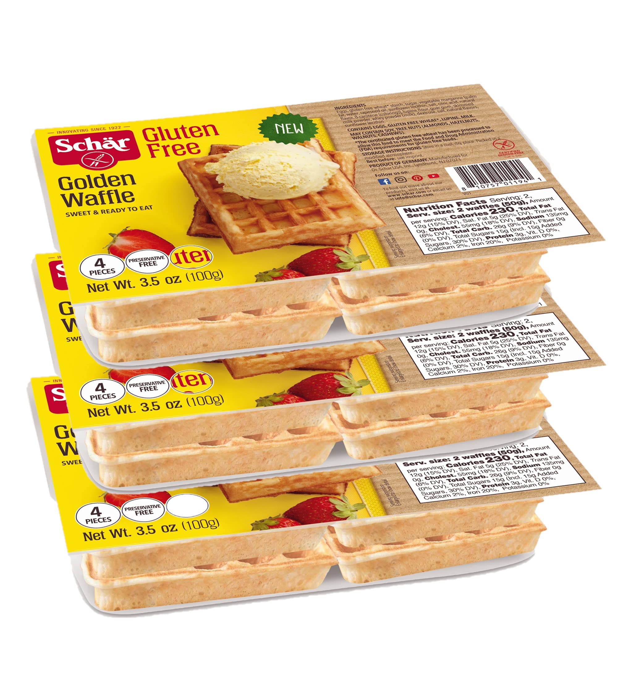 Schar Gluten Free Golden Waffles - 4 Pack (12 Waffles Total) | Crispy & Delicious Breakfast Waffles for Gluten-Free Diet | Perfect for Toaster, Quick Breakfast & Family Meals