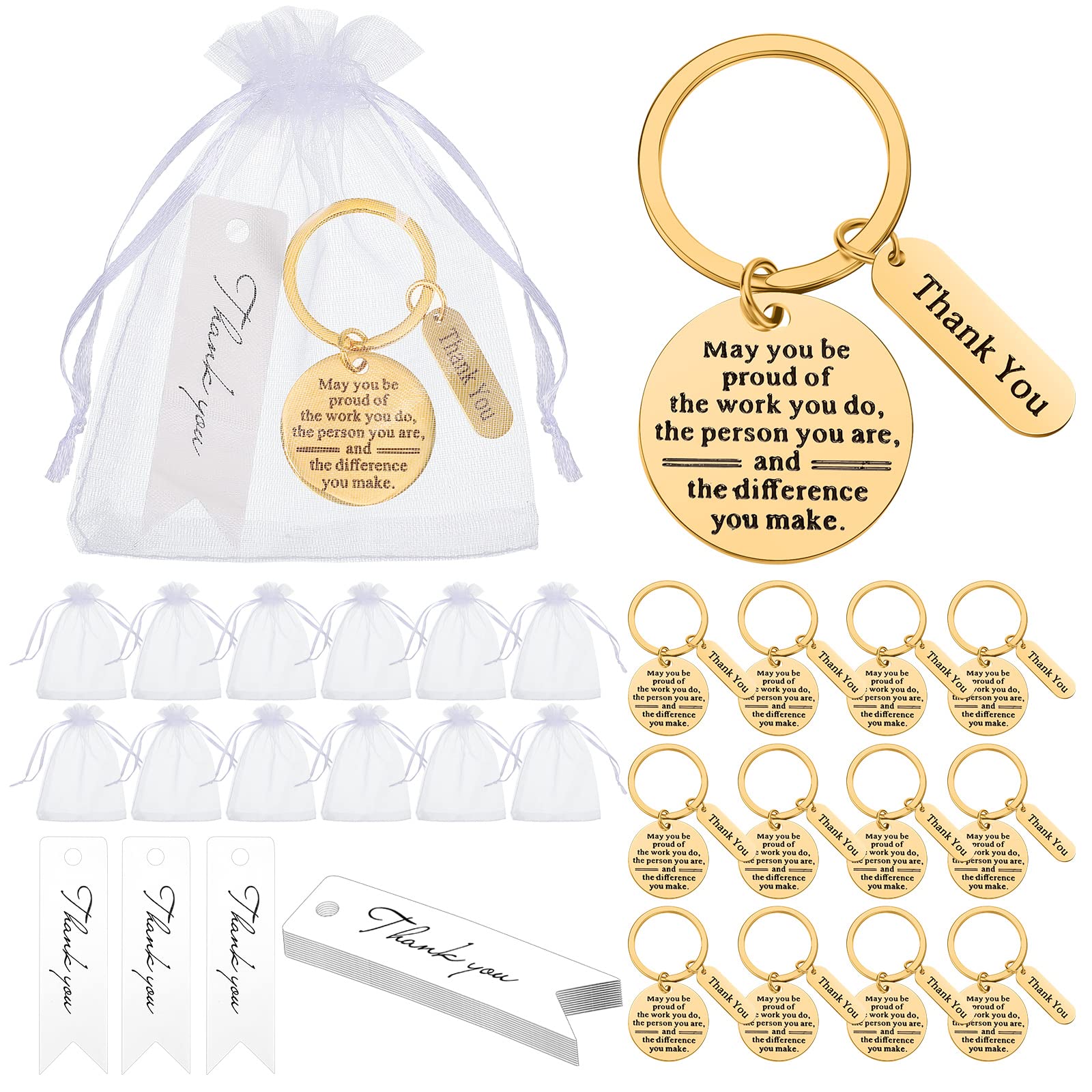 Yinkin 36 Pcs Bulk Employee Appreciation Keychain Gift Set for Coworkers, Social Workers & Staff - Gold Keychains with Inspirational Cards in Elegant Organza Bags | Perfect for Recognition Awards, Team Building Events & Office Incentives