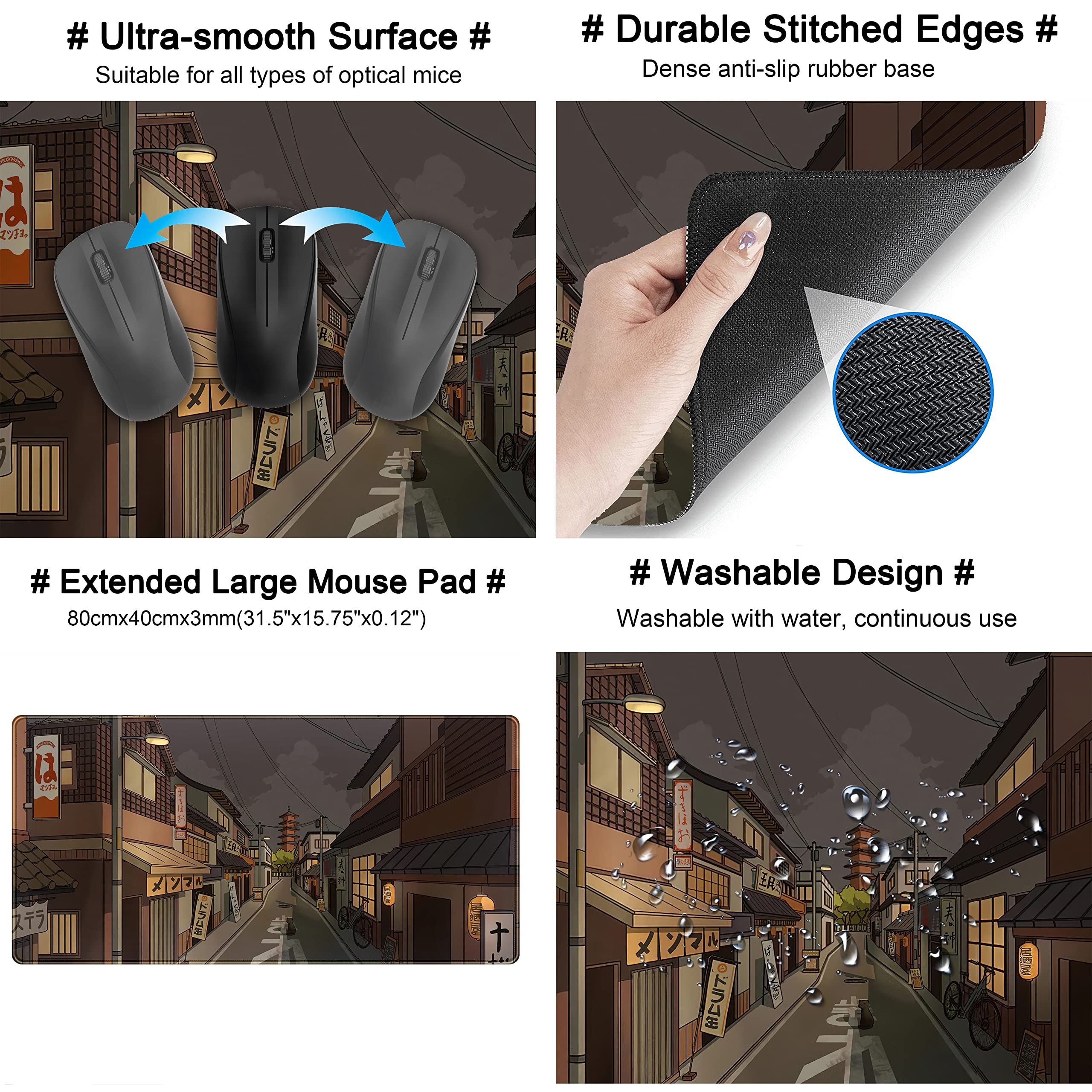 Tokyo Street at Night Kawaii Anime Gaming Mousepad & Keyboard Mat - XXL 31.5''x15.7'' for PC, Laptop, Office & Gaming Setup - Cute Japanese Style Desk Accessory