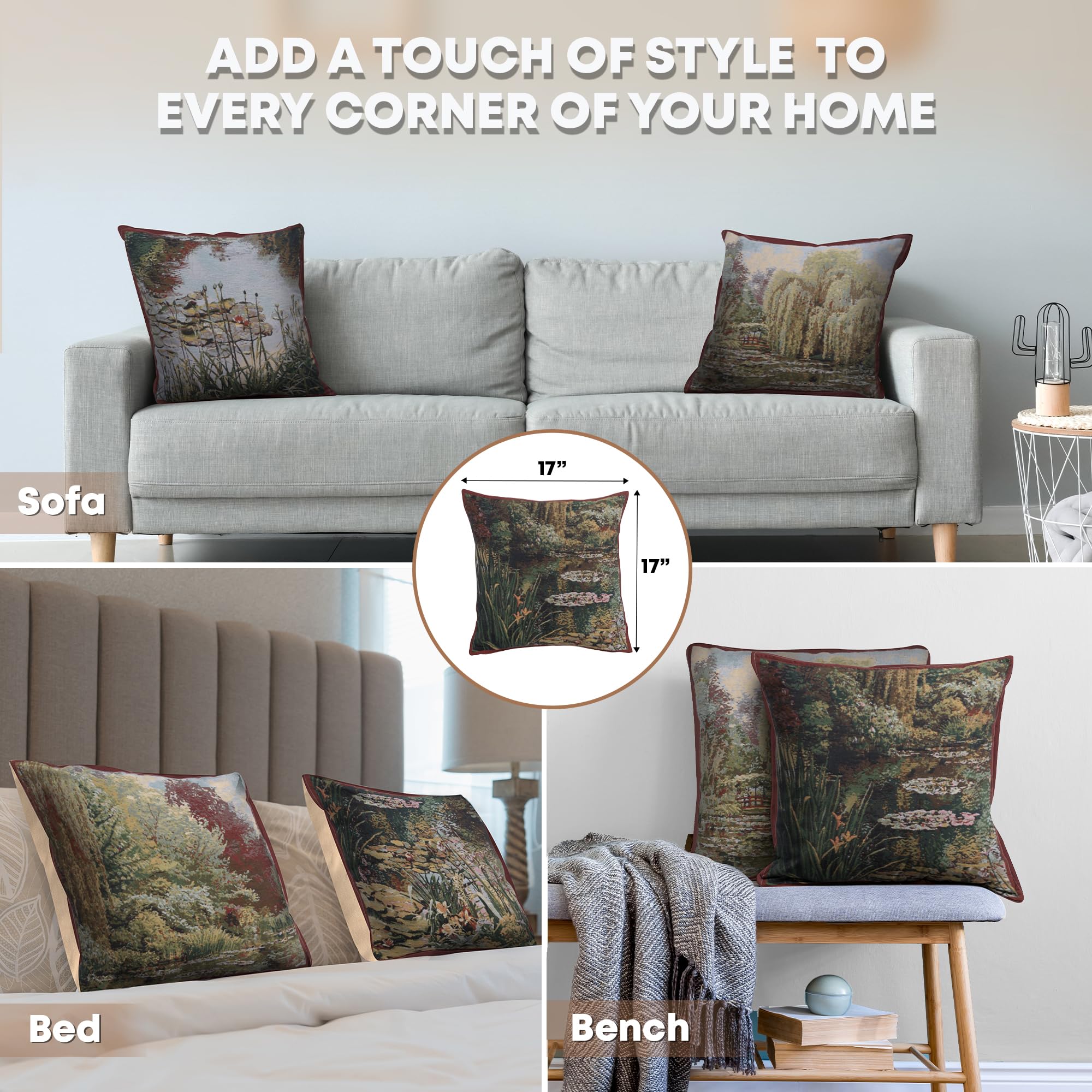 Charlotte Home Furnishings 17x17 Inch Greenery Monet Garden Decorative Throw Pillow Cover - European Cotton Jacquard Woven Cushion Case for Sofa, Bed & Living Room - Perfect for Modern Home Decor, Farmhouse Style & Cozy Interior Design
