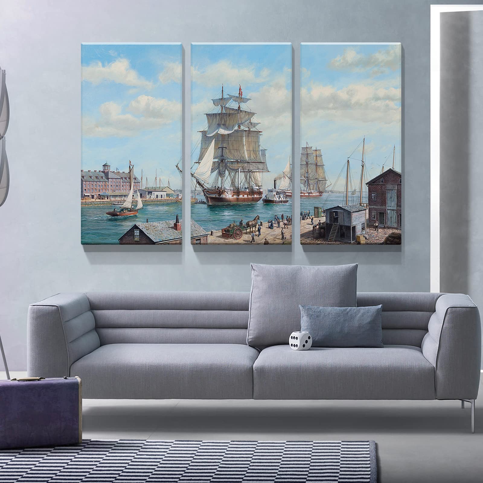 Denozer 3 Panel Canvas Wall Art - Modern Nordic Style Sailboat Ocean Landscape Painting - Ready to Hang Home Decor (24