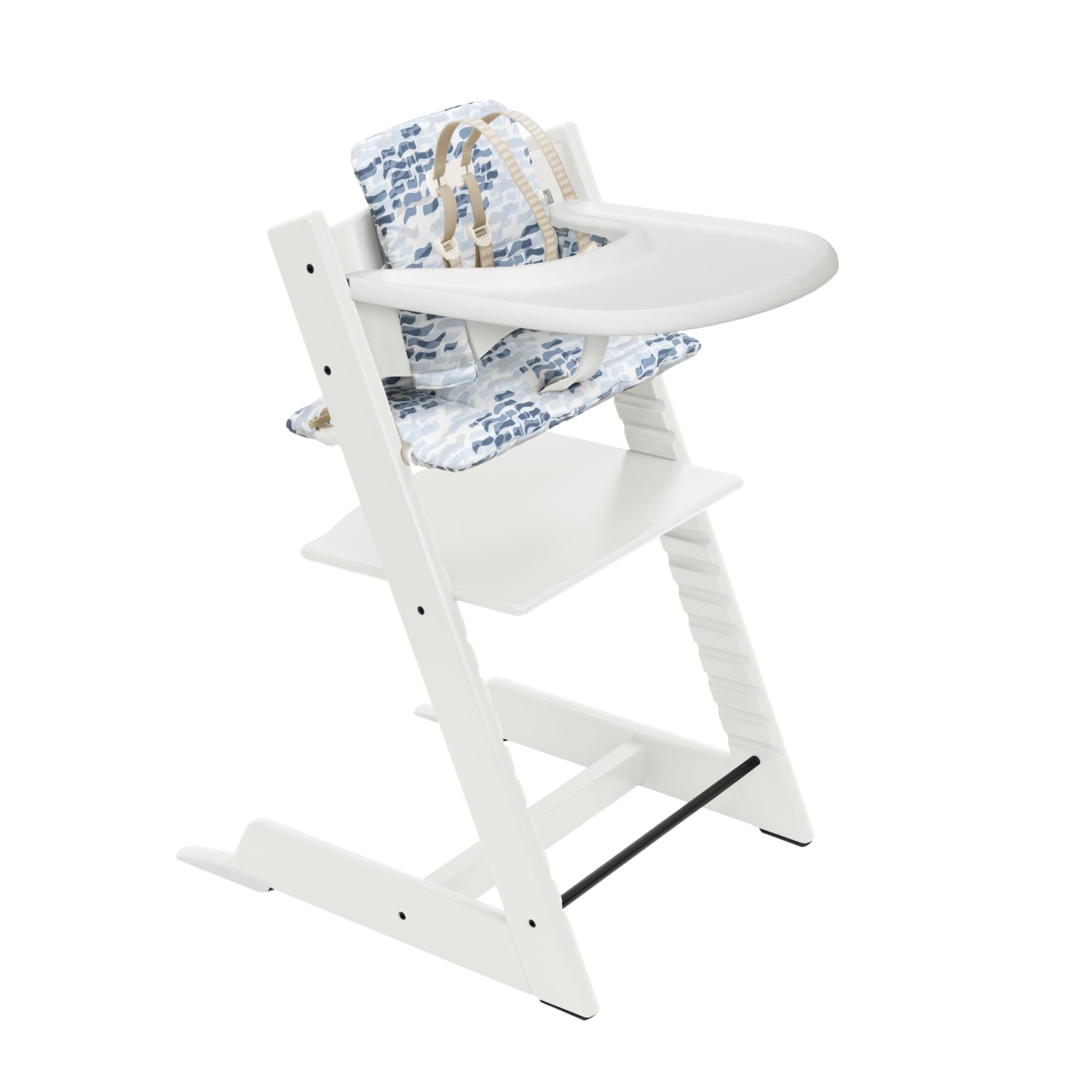 Stokke Tripp Trapp Adjustable High Chair with Cushion & Tray - Convertible Baby to Toddler Chair in White & Waves Blue | Perfect for Dining, Feeding & Learning at Home