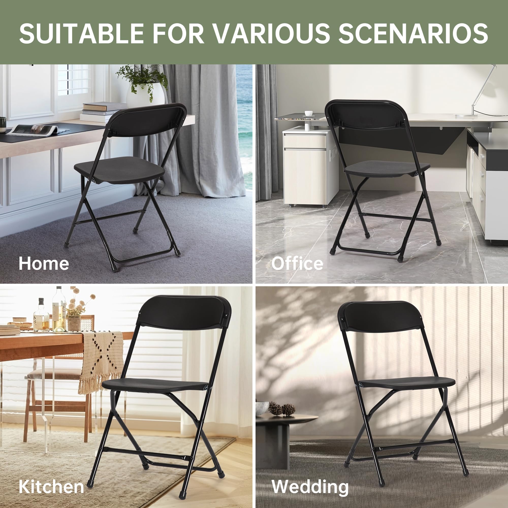4-Pack Heavy Duty Plastic Folding Chairs - 650 LB Capacity Commercial Grade Stackable Chairs for Weddings, Parties, Events - Indoor & Outdoor Use - Portable Black Folding Chairs for Home, Office, Restaurant, and Backyard Gatherings