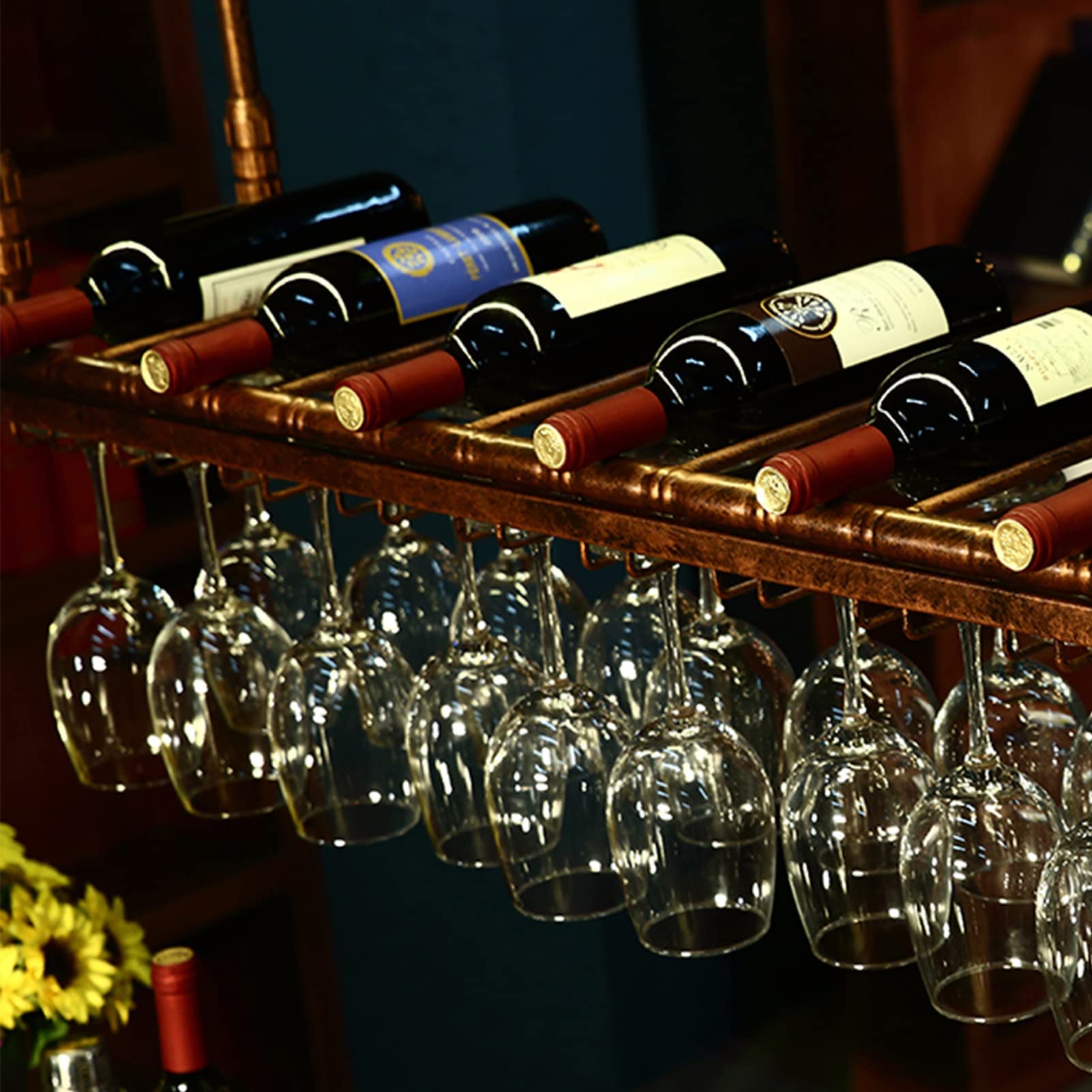 Premium Metal Wine Bottle Rack - Floating Wall & Ceiling Wine Shelf for Stemware Display - 60x35cm Kitchen & Bar Storage Organizer - Perfect for Home Decor, Wine Cellars & Entertaining Spaces