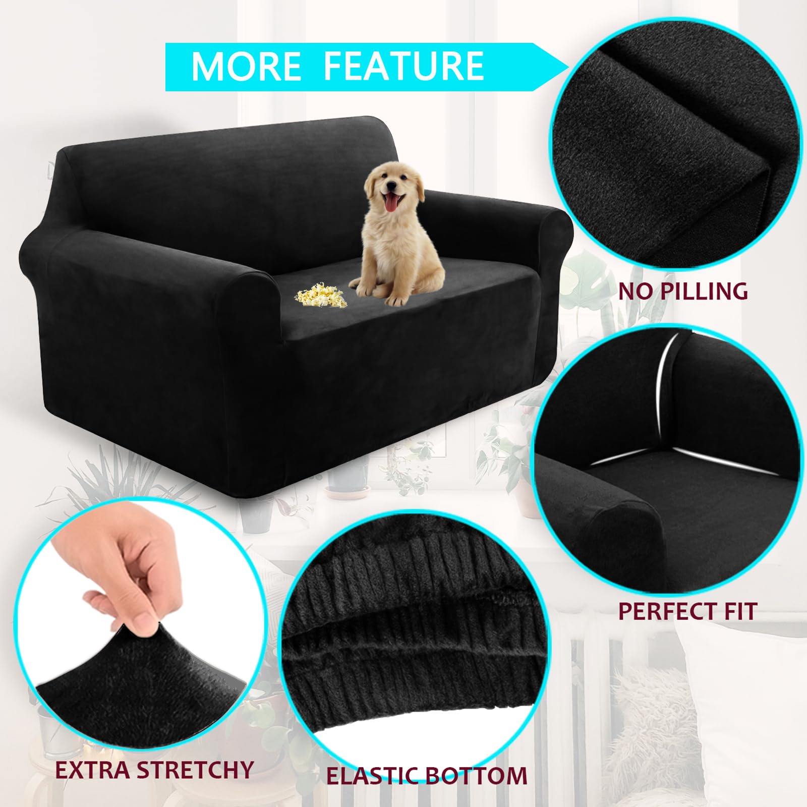 Premium Velvet Loveseat Sofa Cover - Stretchable Couch Slipcover for Furniture Protection - Pet-Friendly Sofa Protector for Dogs (Medium, Black) - Perfect for Living Room, Apartment & Home Decor