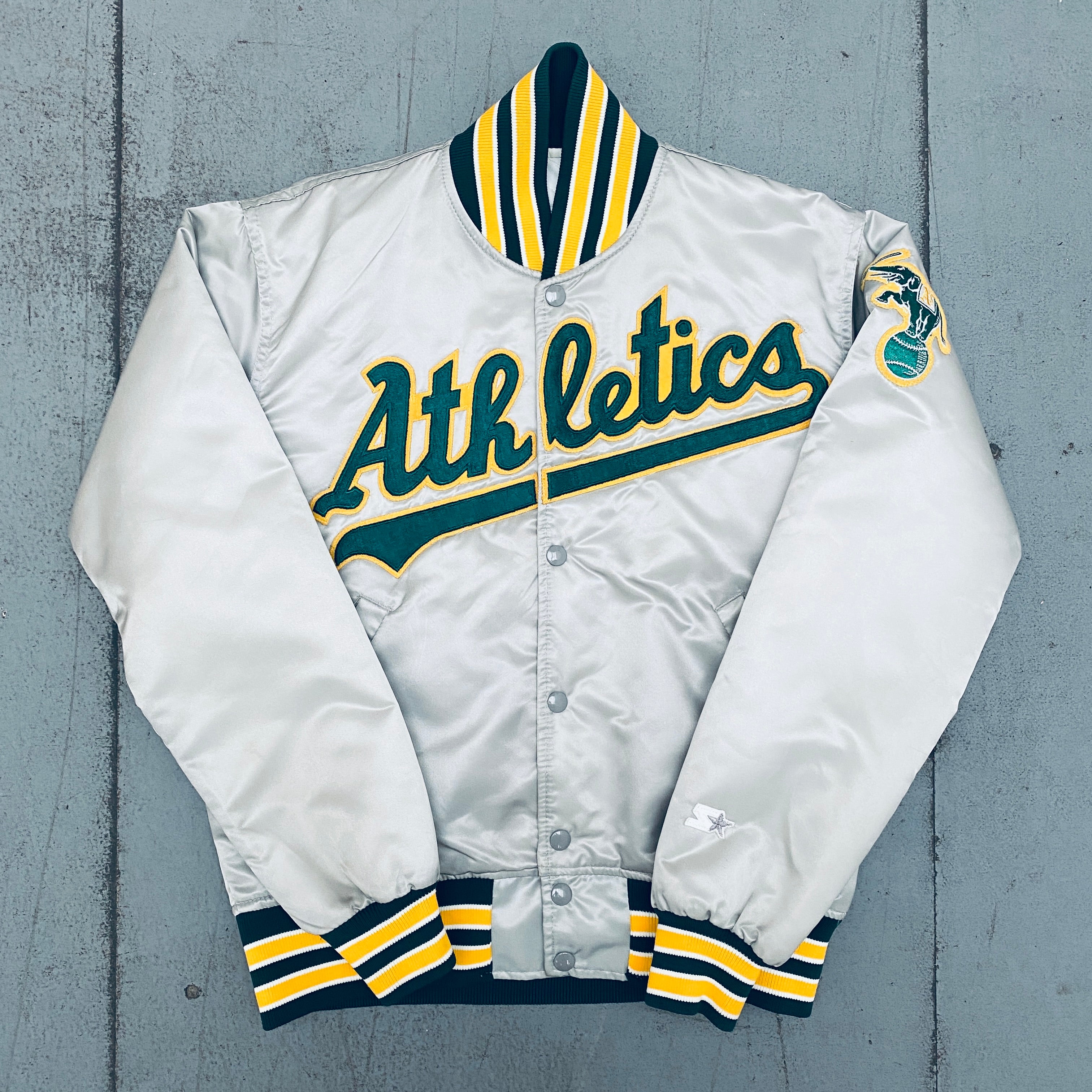 1980's Oakland Athletics Silver Satin Diamond Collection Starter Bomber Jacket - Vintage Baseball Jacket for Men, Perfect for Game Day, Sports Events & Retro Fashion