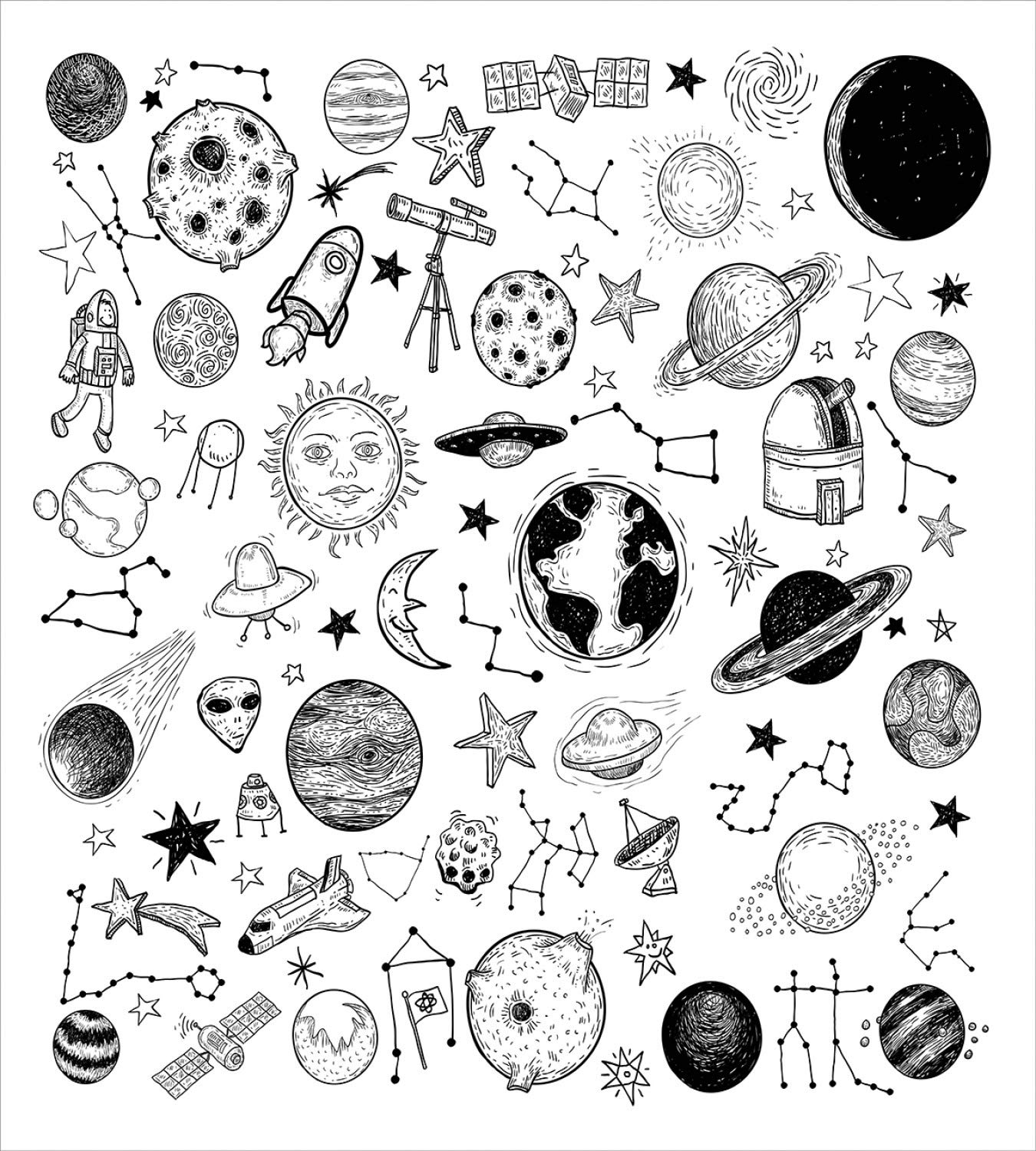 Ambesonne Cartoon Duvet Cover Set - Hand Drawn Planets, Asteroids & Constellations in Monochrome Universe Design, 3 Piece Bedding Set with 2 Pillow Shams, Queen Size White & Black | Perfect for Kids Room, Space Theme Bedroom & Astronomy Lovers