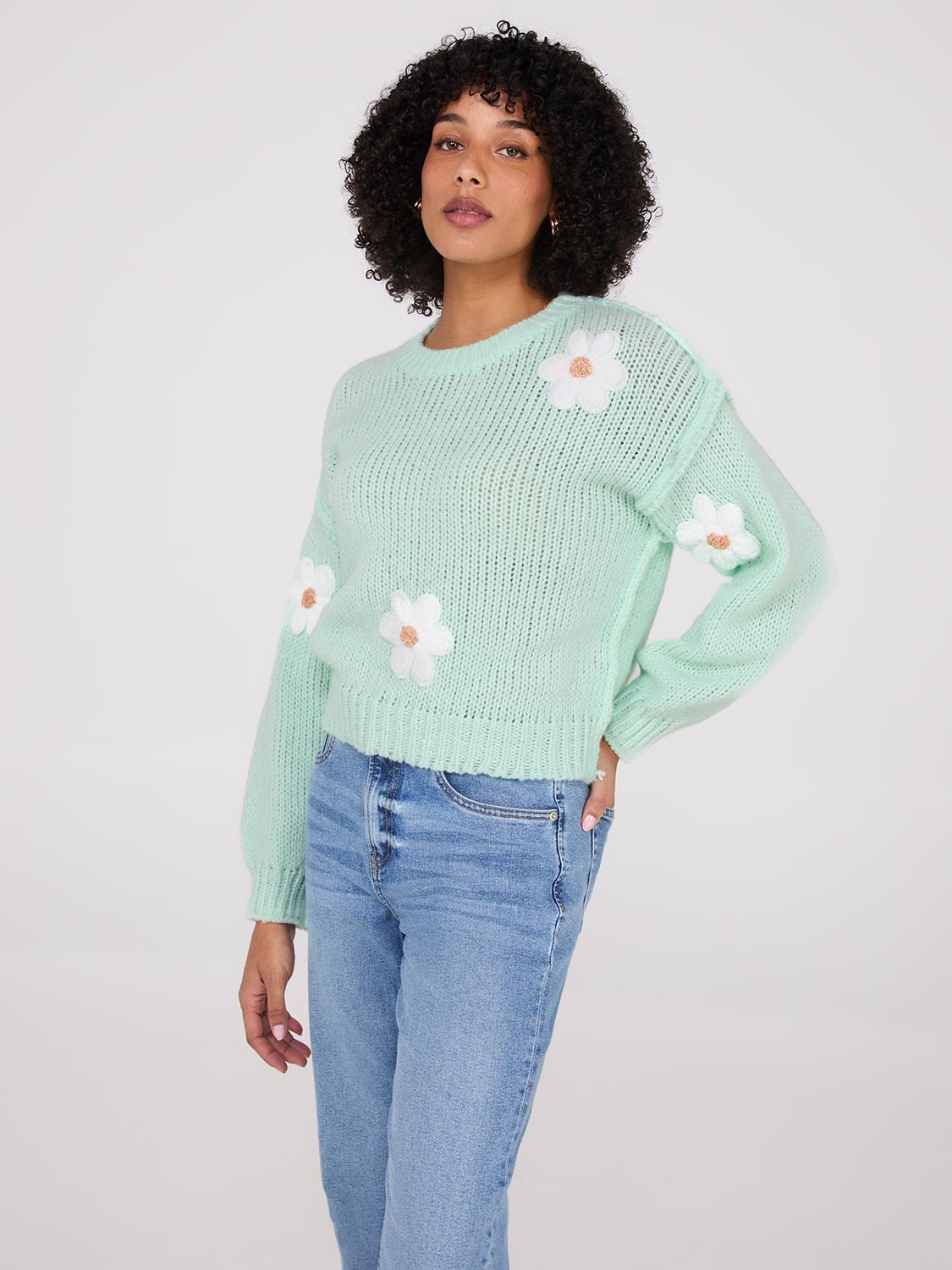 Crochet Flower Crew Neck Sweater for Women - Soft Knit Pullover with Floral Embroidery - Perfect for Casual Outfits, Fall Layering & Cozy Winter Wear