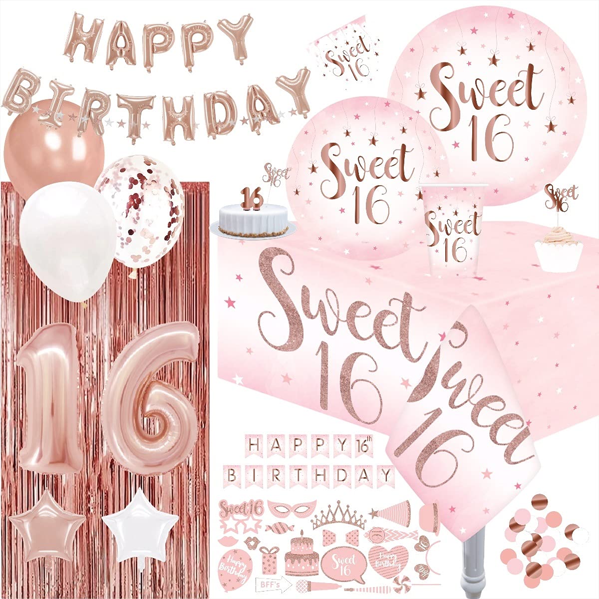 Ultimate Sweet 16 Birthday Party Supplies Set - 30-Piece Rose Gold Foil Theme with 9
