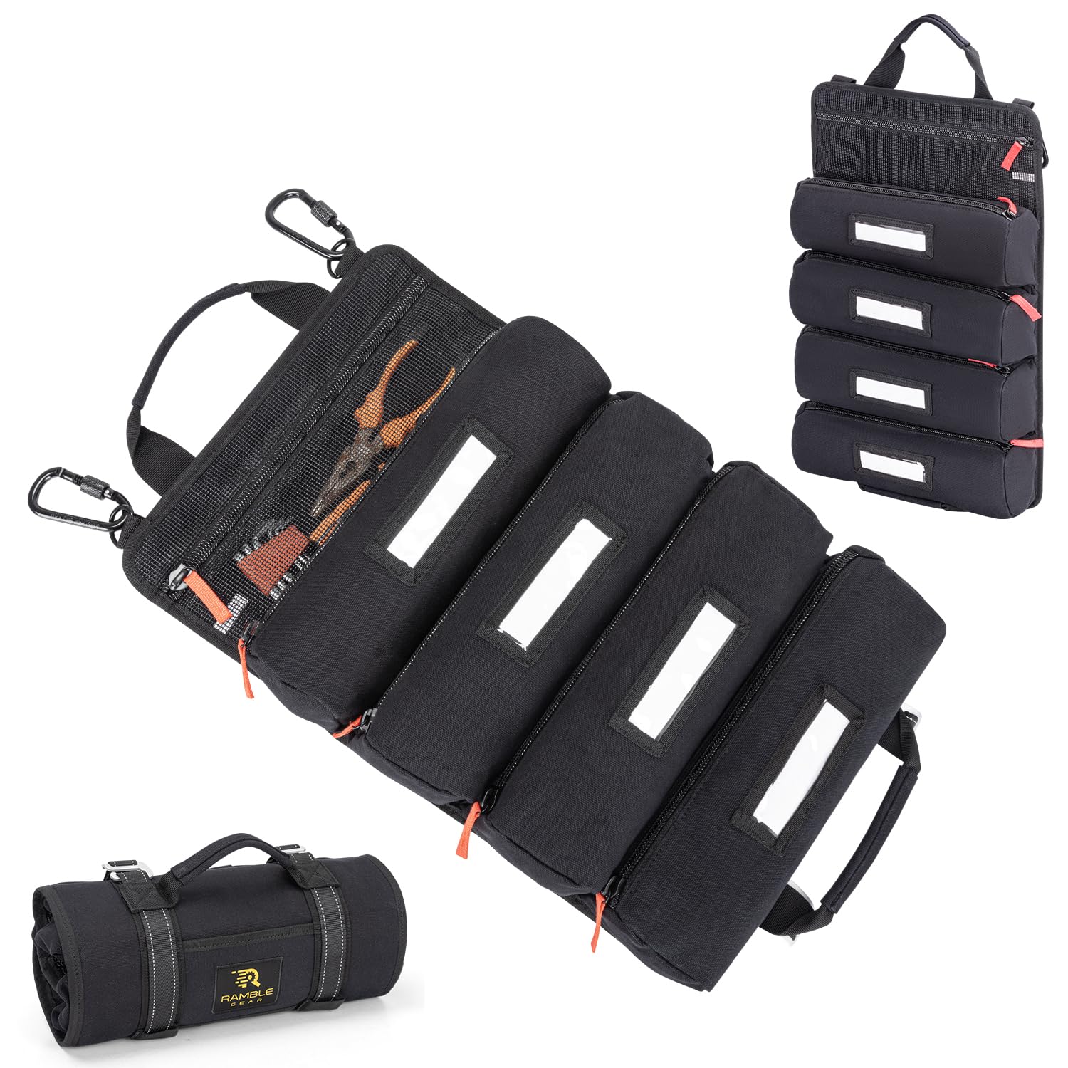Heavy Duty Canvas Tool Roll Bag Organizer with 4 Large Labeled Pockets & Carabiners - Foldable Portable Tool Storage for Mechanics, Electricians, DIY & Home Improvement | Perfect for Workshop, Garage & On-the-Go Repairs
