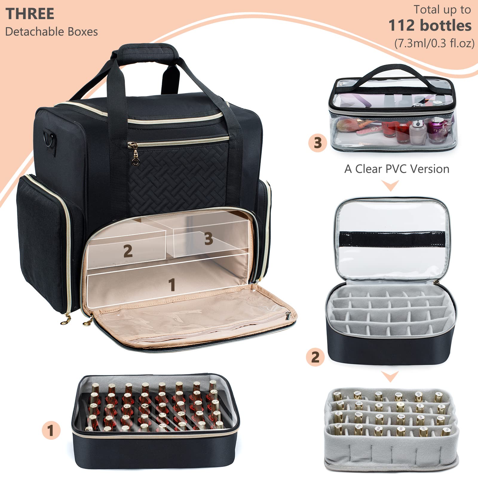 Large Nail Polish Organizer Holds 80 Bottles & Nail Lamp - Professional Nail Tech Storage Case with 3 Removable Nail Cases & Tool Pockets - Perfect for Salon, Home Manicure & Travel Nail Care