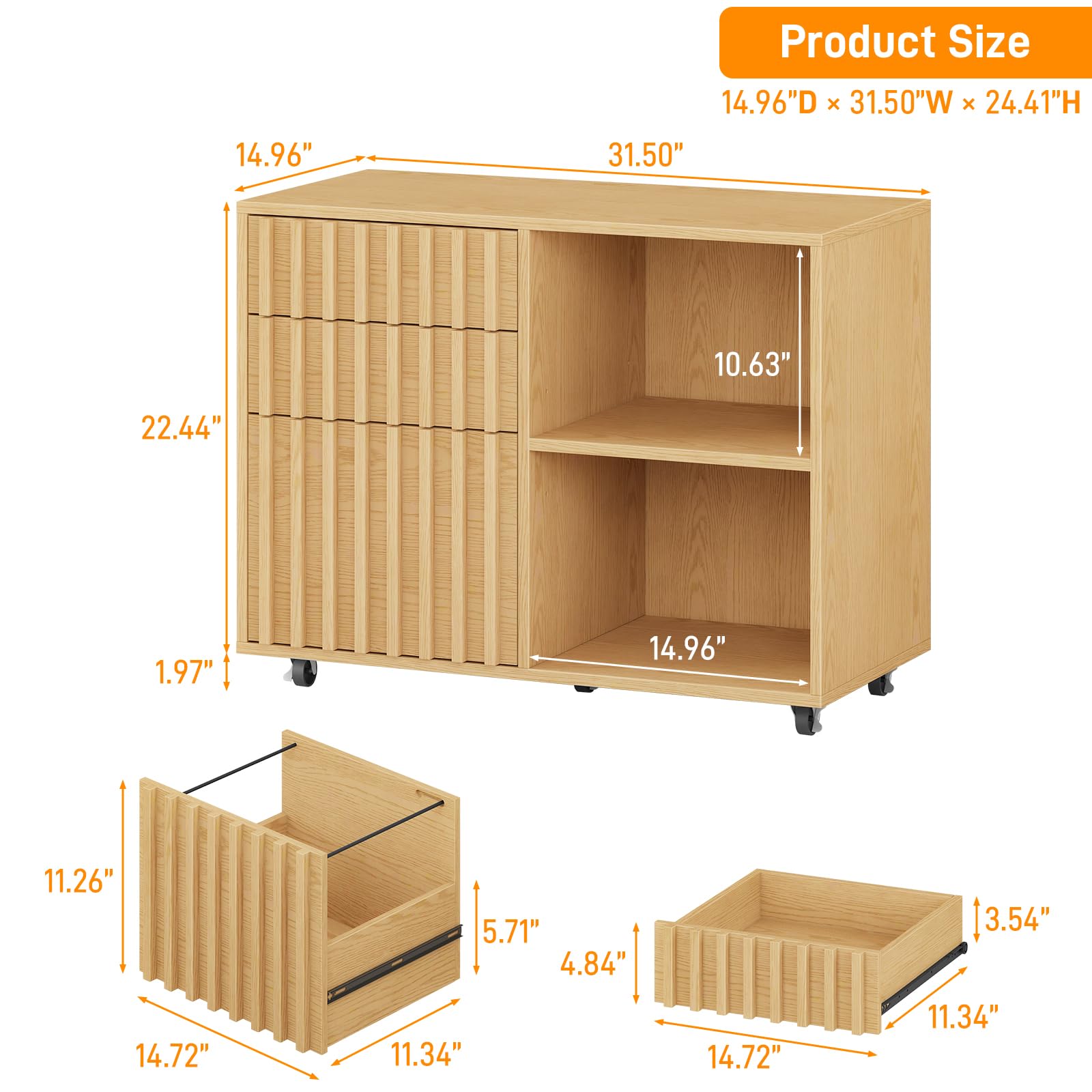 3 Drawer Wooden File Cabinet with Adjustable Shelf - Fluted Lateral Filing Cabinet for Letter & A4 Size Documents - Natural Oak Home Office Storage Solution - Perfect for Organizing Files, Printer Stand & Office Supplies in Workspaces