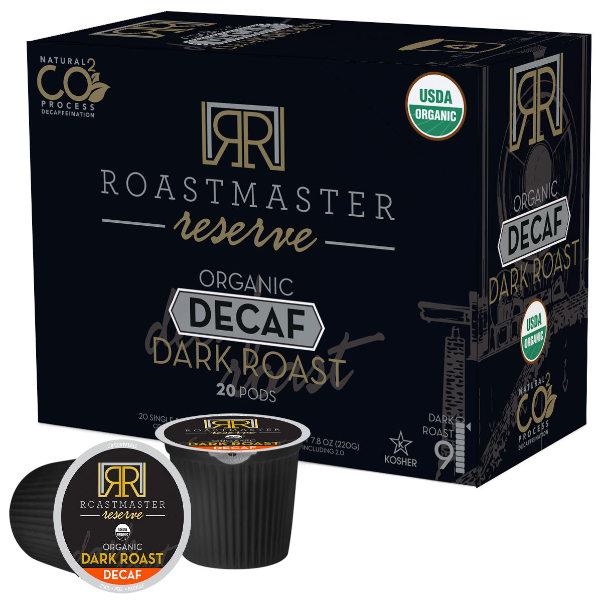Organic Dark Roast Decaf Coffee Pods - Roastmaster Reserve - 20 Count - Compatible with Keurig 2.0 - Perfect for Home & Office Use