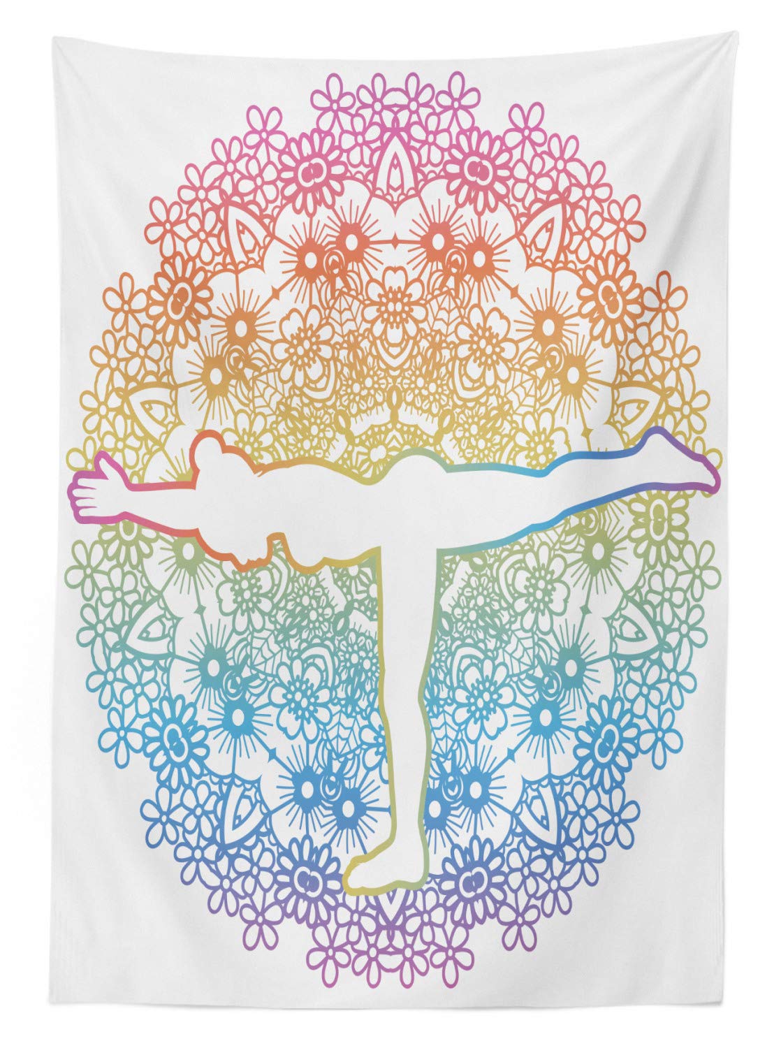 Ambesonne Yoga Outdoor Tablecloth - Mandala Floral Design with Warrior 3 Pose - Washable Picnic Table Cover 58x84 Inches - Perfect for Yoga Studios, Outdoor Picnics & Boho Home Decor