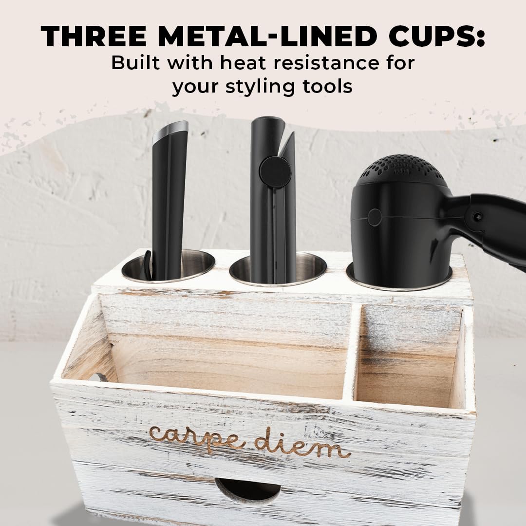 Farmhouse Style White Bathroom Hair Tool Organizer with Blow Dryer Holder - Rustic Vanity Storage for Hair Dryer, Brushes & Styling Tools | Perfect for Bathroom Countertop Organization & Farmhouse Decor