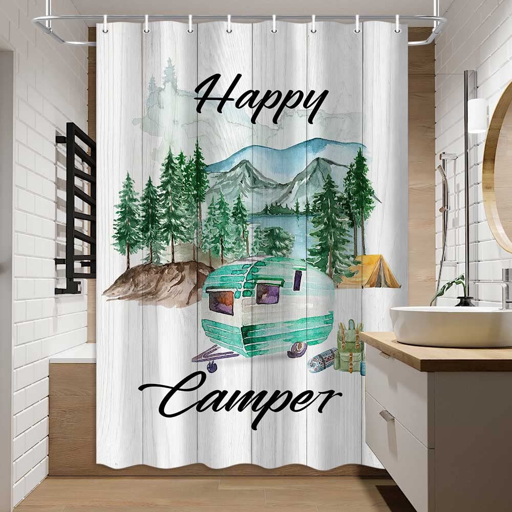 Happy Camper RV Shower Curtain - Mountain Forest Green Design with Wooden Board & Trailer Print | 47x64 Inch Waterproof Fabric Bath Curtain with Hooks | Perfect for Campers, RVs & Outdoor Enthusiasts