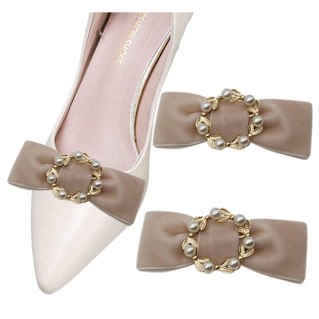 Elegant 2-Piece Velvet Bow Shoe Clips with Artificial Pearl Garland - Removable Shoe Accessories for Women & Girls - Perfect for Weddings, Parties & Special Occasions