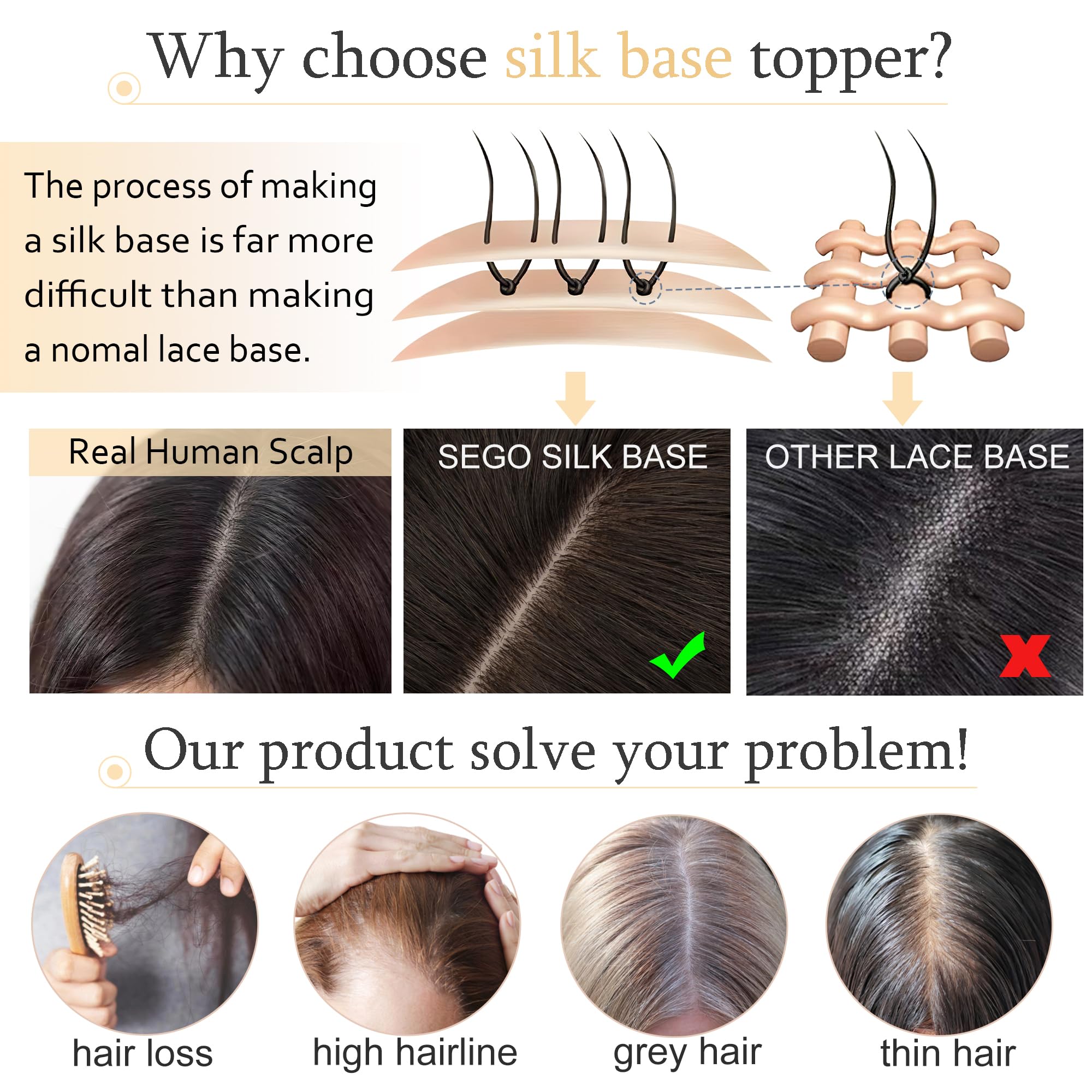 SEGO 100% Real Human Hair Toppers for Women with Thinning Hair - 7x13cm Silk Base Clip-in Top Wiglet, 16 Inch No Bangs (Ash Blonde & Bleach Blonde) - Perfect for Daily Wear, Parties & Special Occasions