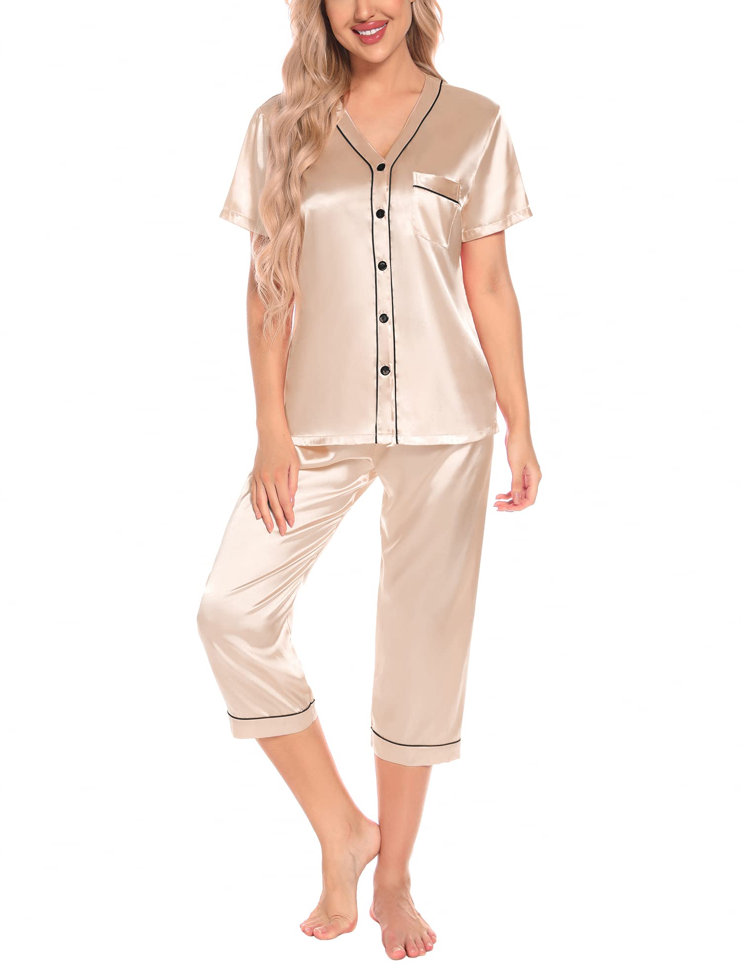 SWOMOG Women's Satin Pajama Set - V-Neck Short Sleeve Top & Capri Pants 2-Piece Lounge Wear for Sleep, Travel & Relaxation at Home