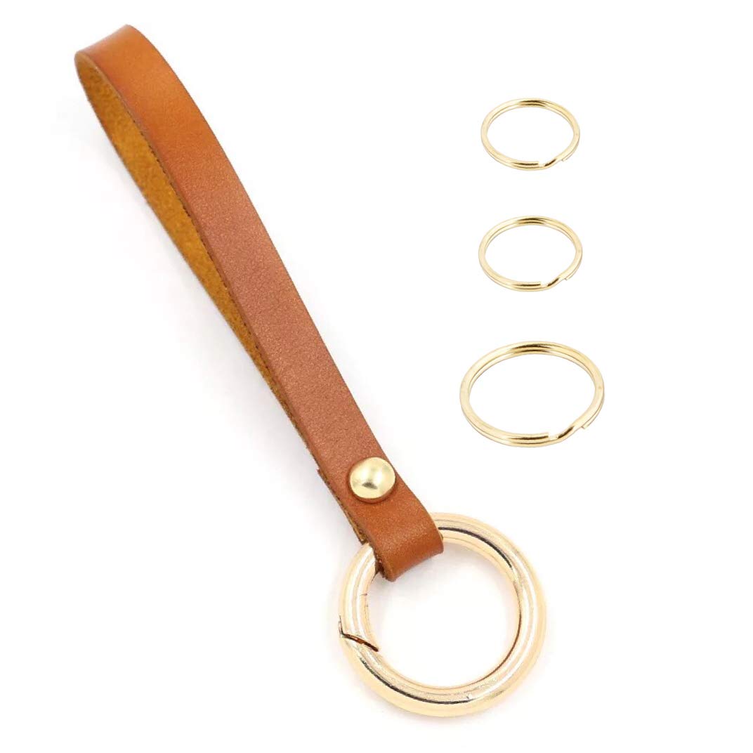 Genuine Leather Wristlet Keychain with 3 Detachable Key Rings - Handmade Wrist Strap & Lanyard for Men & Women - Hand Badge Holder Key Fob for Wallet or Purse (Light Brown) - Perfect for Office, Travel, and Everyday Use
