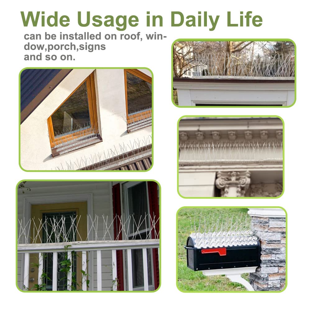 Stainless Steel Bird Spikes for Pigeons & Small Birds - 100ft Coverage, 304 SS Pins with Durable Plastic Base - Outdoor Bird Control for Fences, Roofs, Ledges & Balconies - Prevent Nesting & Protect Property