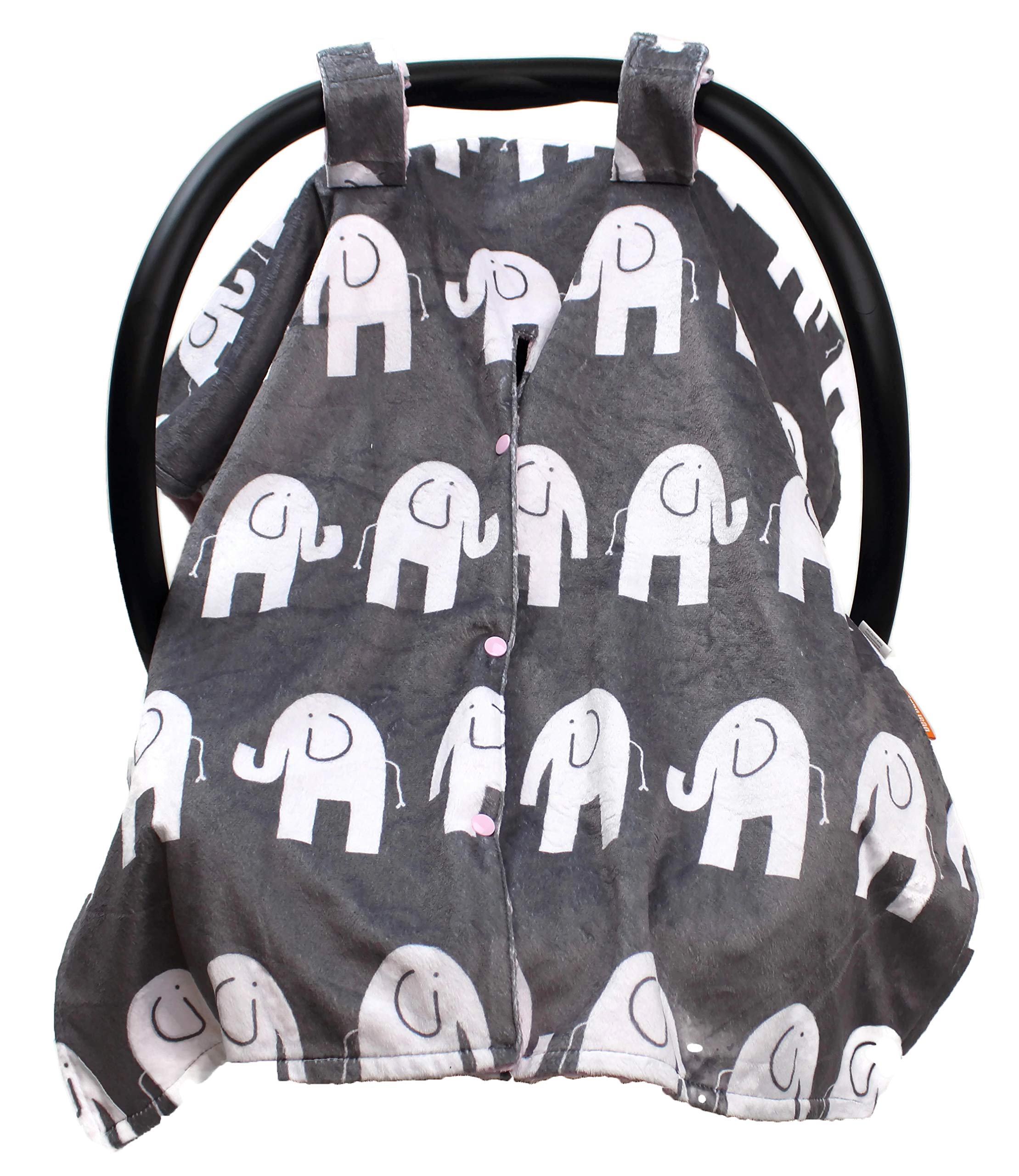Dear Baby Gear Deluxe Car Seat Canopy - Custom Minky Print White Elephants & Pink Minky Dot - Premium Infant Car Seat Cover for Sun Protection & Privacy - Perfect for Strollers, Shopping & Outdoor Adventures