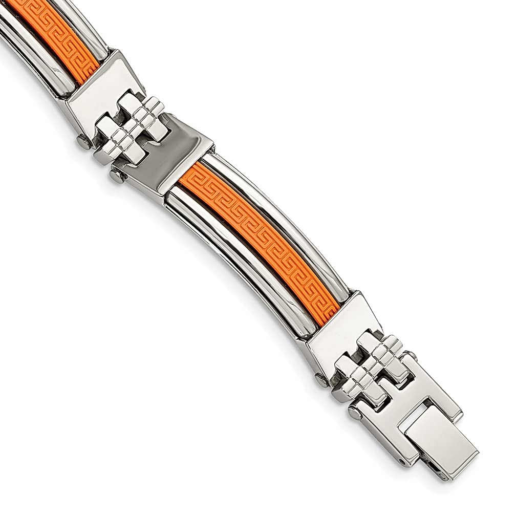 ICE CARATS 9 Inch Stainless Steel Orange Greek Key Rubber Inlay Bracelet for Men - Contemporary Link Fashion Jewelry, Perfect Gift for Dad, Him - Ideal for Casual Wear, Office & Special Occasions