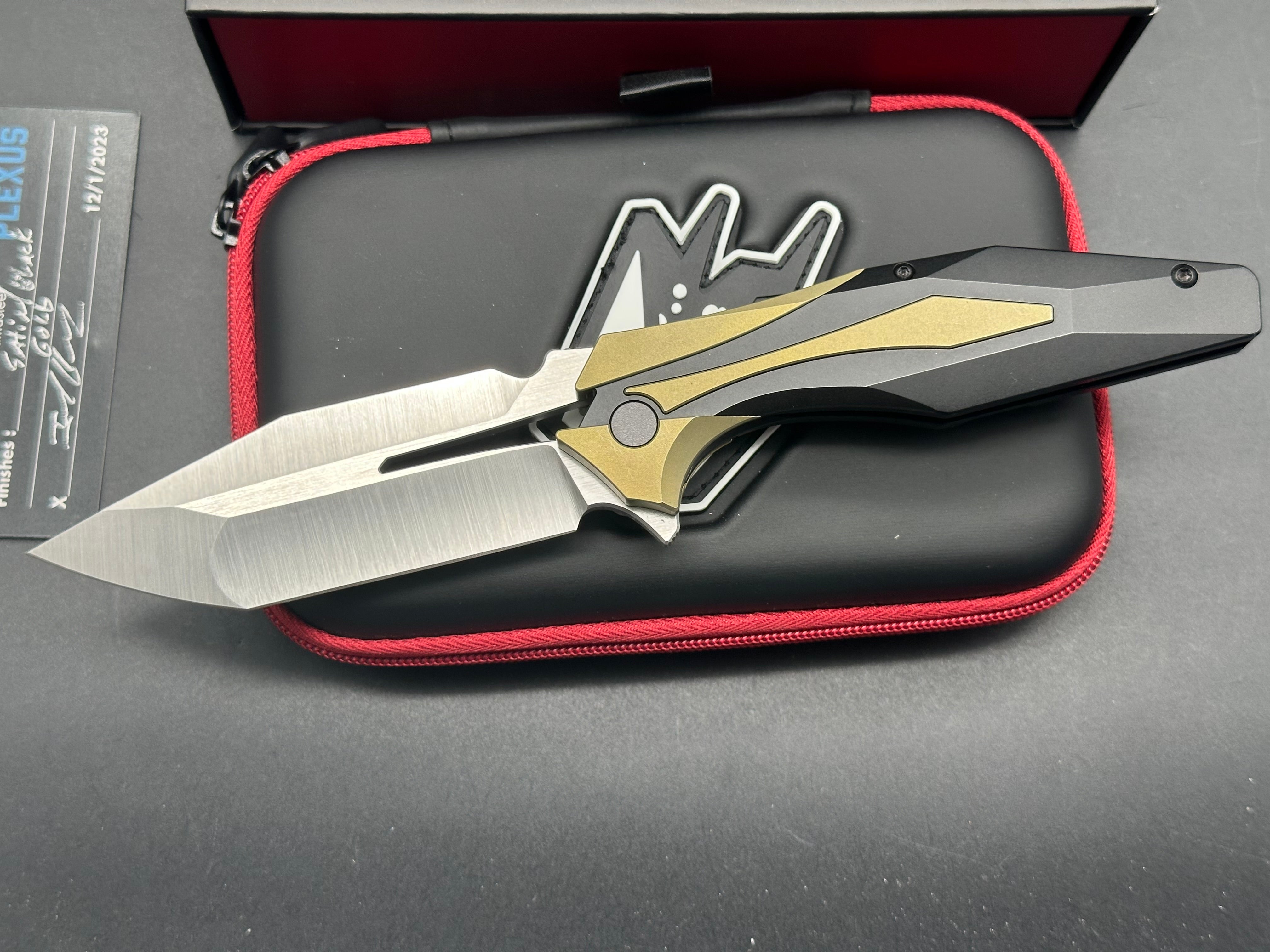 Arcane Design Plexus Black DLC Titanium Frame Knife with Gold Titanium Bolster Inlays - Modified Tanto Blade in M390 Steel - EDC, Outdoor, Tactical, and Collection Use
