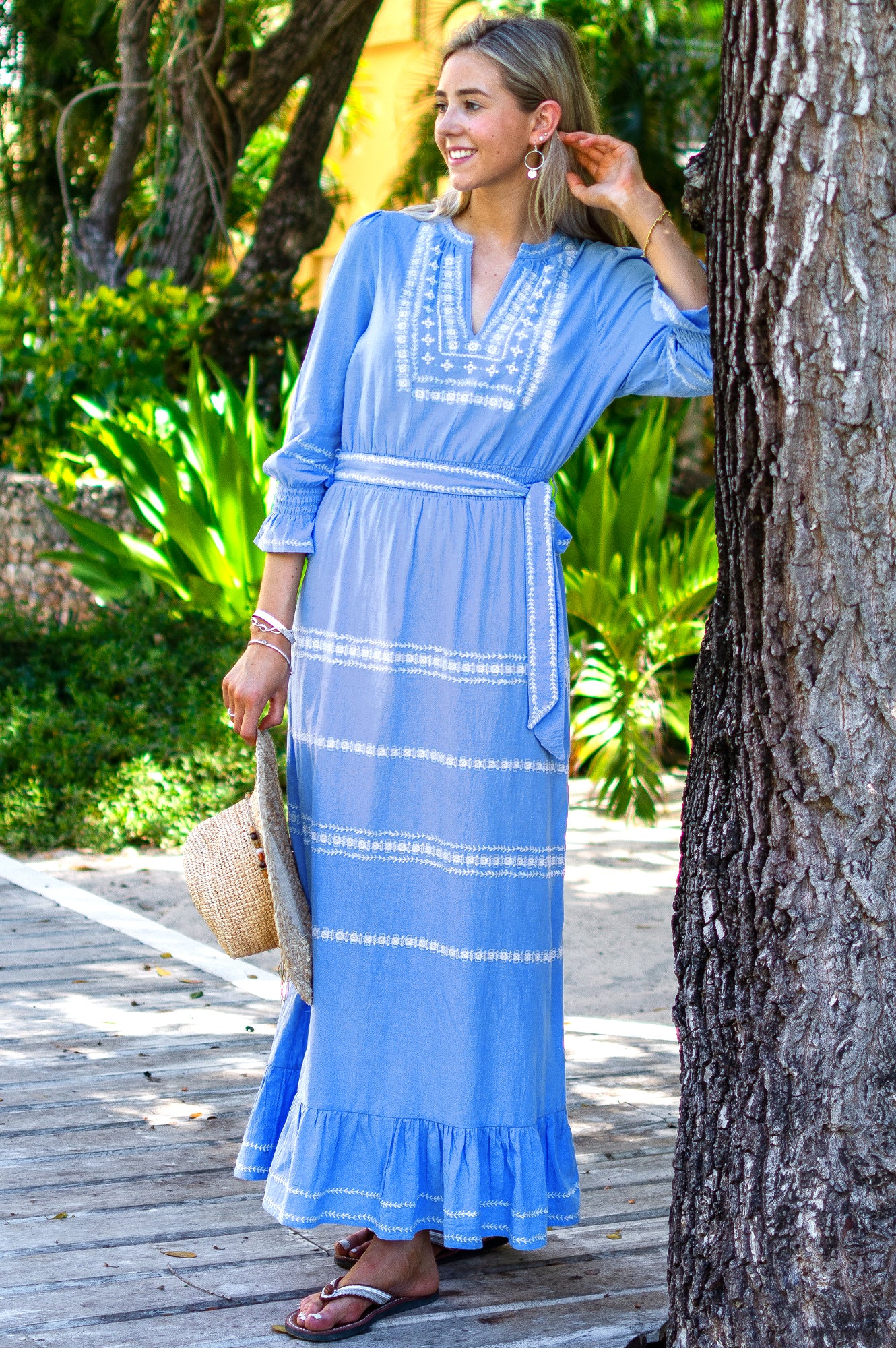 Freida Embroidered Floral Summer Dress - Blue & White Boho Chic Outfit for Beach Vacation & Date Night