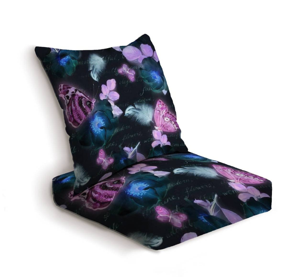 2-Piece Outdoor Deep Seat Cushion Set - Glow in The Dark Rose Flower Design with Feathers & Butterflies - Firefly Glowing Neon Patio Furniture Replacement Cushions for Lounge Chairs & Conversation Sets - Perfect for Backyard, Garden, Poolside & Outdoor Relaxation