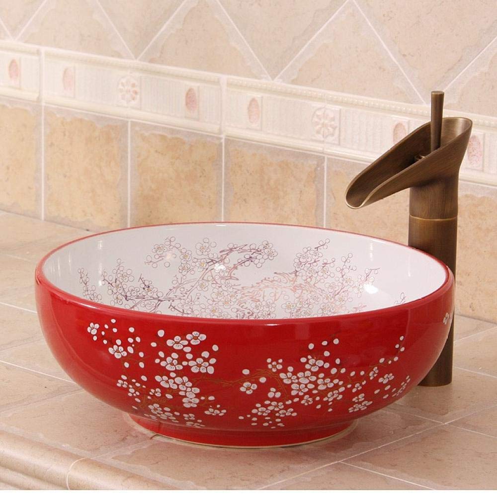 SHAWLA Red and White Ceramic Vessel Sink - Handcrafted Jingdezhen Countertop Bathroom Basin for Vanity, Powder Room & Modern Washroom Decor