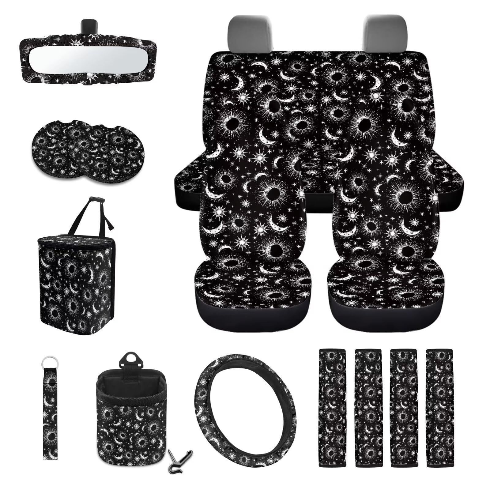 15-Piece Sun Moon Star Print Car Seat Cover Set with Steering Wheel Cover, Seat Belt Pads, Cup Coasters & More - Universal Fit for Cars, SUVs & Trucks - Stylish Auto Interior Decor for Daily Commute & Road Trips