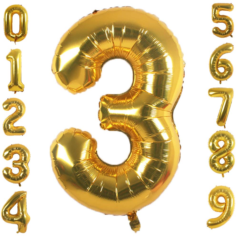 42 Inch Gold Foil Number 3 Balloons - Large Metallic Birthday Party Decorations for Anniversaries, Graduations & Baby Showers