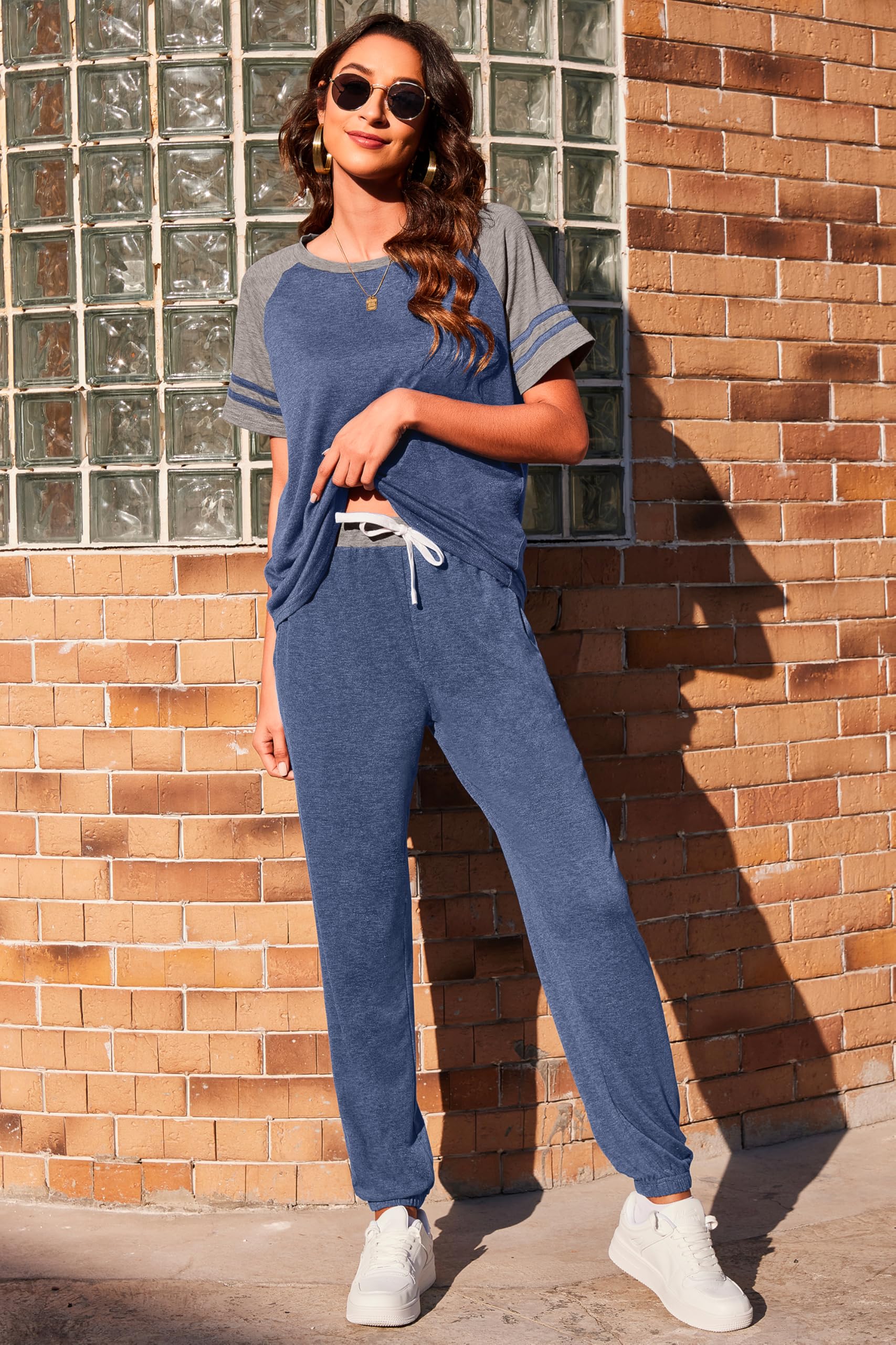 Ekouaer Women's 2-Piece Lounge Set - Soft Short Sleeve Crewneck Jogger Outfit & Sweatpants Tracksuit for Home, Sleep & Relaxation | Comfortable Pajama Set for Women