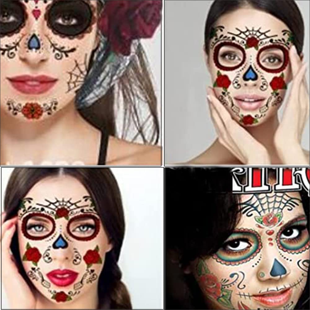 6 Pack Floral Day of the Dead Sugar Skull Temporary Tattoos - Halloween Face Makeup Stickers for Costume Parties, Dia de los Muertos Celebrations & Festival Body Art