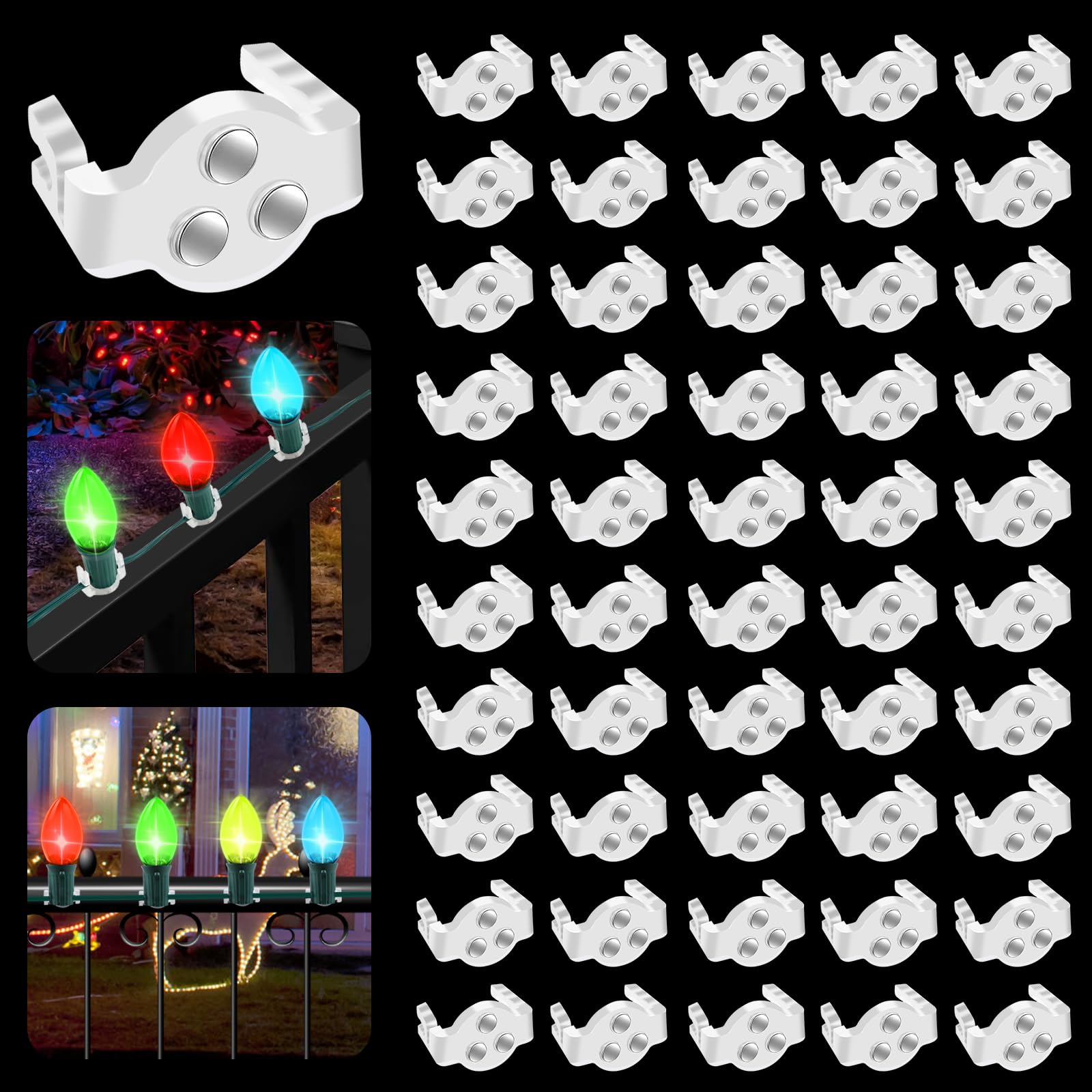 50 Pack UQM C9 Magnetic Christmas Light Clips - Heavy Duty Magnetic Hooks for Outdoor Holiday Lighting (C9, C7 Sockets, Metal Roofs & Gutters) - Perfect for Christmas Decorations, Patio Lights & Festive Home Exteriors