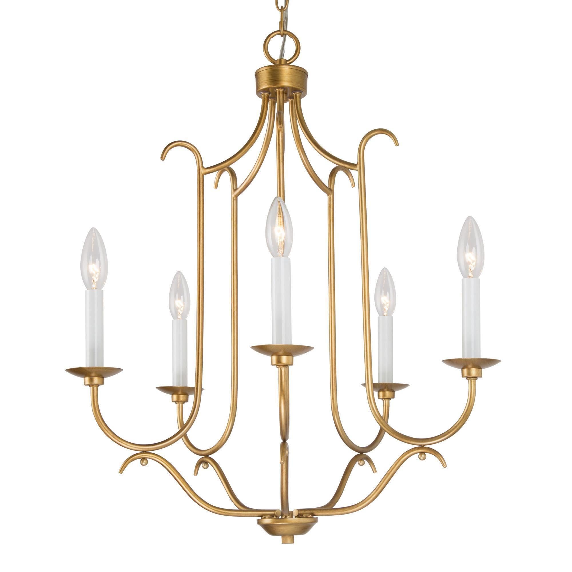 Antique Gold French Country Chandelier - 5-Light Brass Fixture with Candle Style & Brushed Metal Frame (21”D x 27”H) - Perfect for Dining Room, Living Room, Bedroom & Kitchen Island Lighting | Vintage Elegance for Home Decor