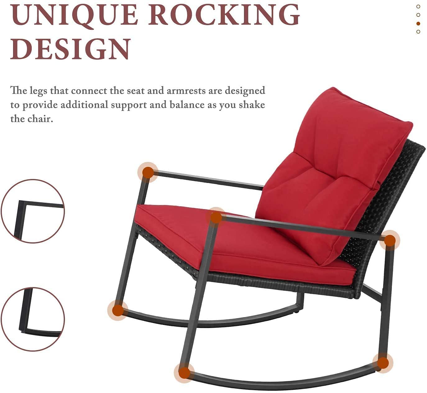 SUNCROWN 3-Piece Outdoor Rocking Chair Set - Patio Wicker Rattan Bistro Furniture with Cushions & Glass Coffee Table (Red) - Perfect for Garden, Backyard, Porch Relaxation & Conversation Areas