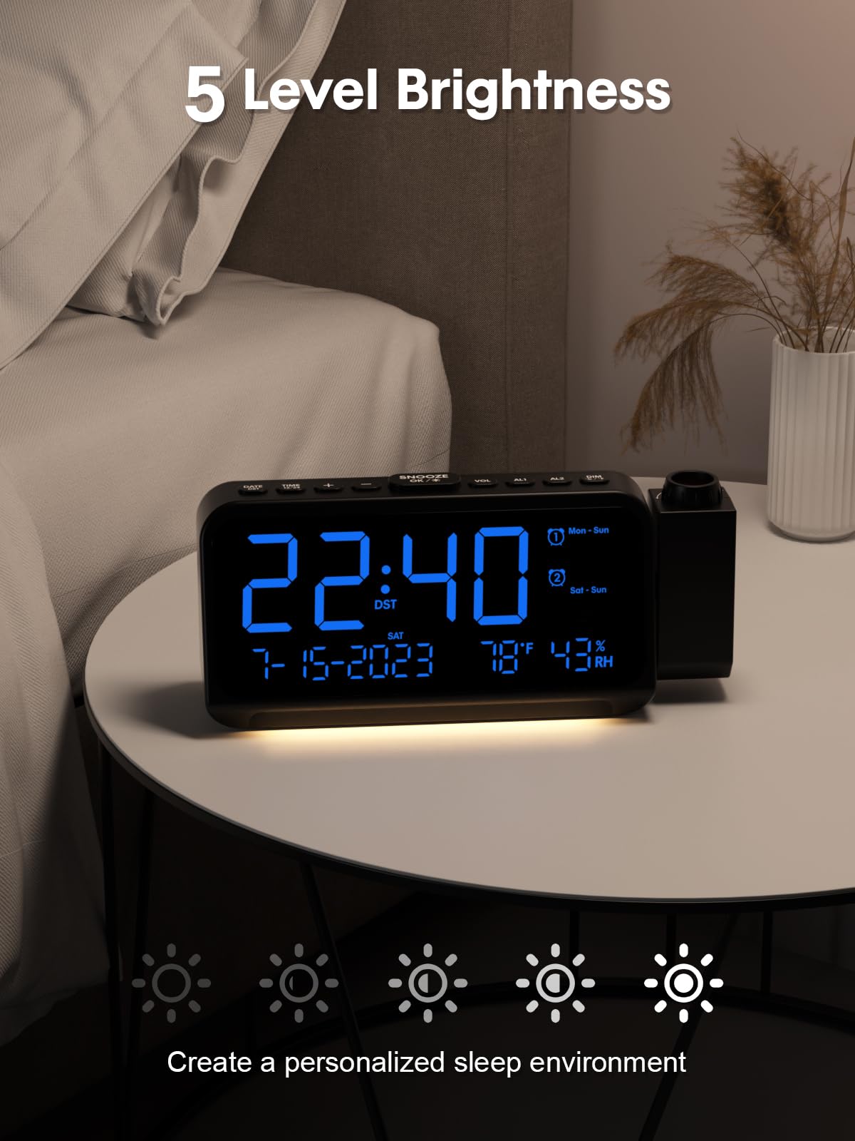 ROCAM Digital Projection Alarm Clock with Ceiling/Wall Display - 5-Level Dimmer, Dual Alarm (Weekday/Weekend Mode), Snooze, Temperature Display & USB Charging Ports | Perfect for Bedrooms, Home Offices & Nightstands