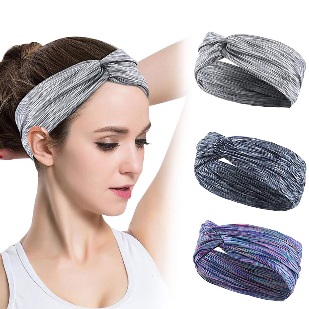 Twist Knot Headbands for Women & Men (3 Pack) - Non-Slip Yoga, Workout & Sports Headbands - Moisture Wicking Wide Sweatbands for Running, Gym, Dance & Fitness - Perfect for Active Lifestyles & Athletes
