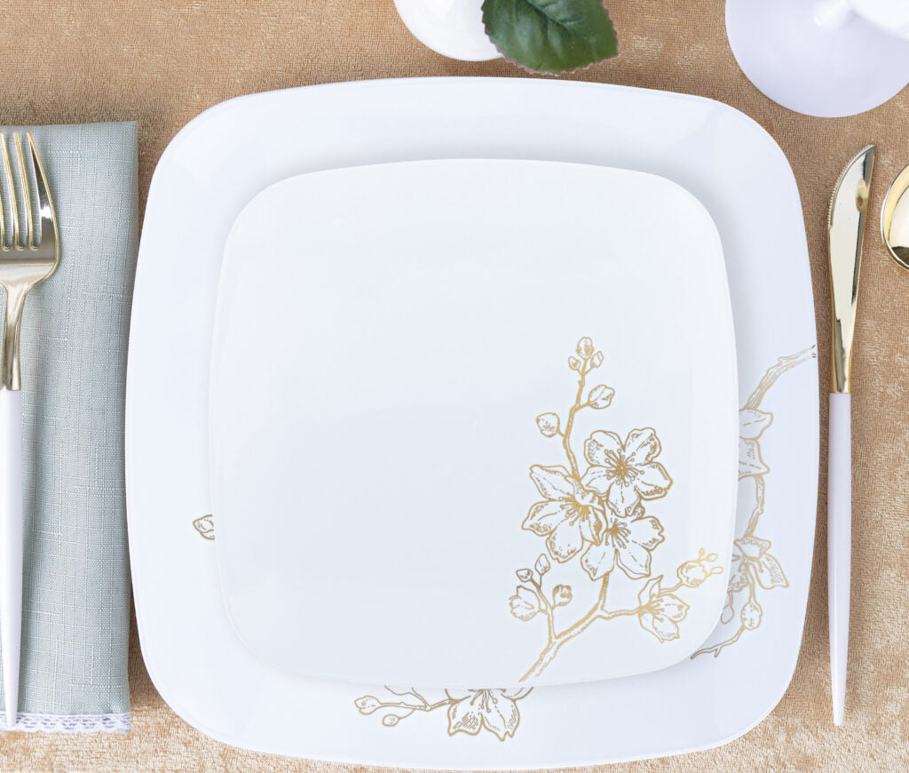 10-Pack White and Gold Square Plastic Plates for Parties, Weddings & Events - Elegant Disposable Dinnerware for Catering, Picnics and Home Decor