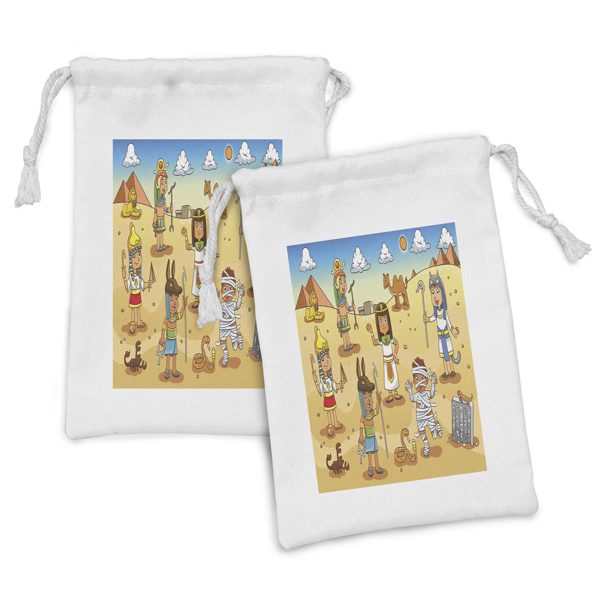 Ambesonne 2-Pack Cartoon Fabric Pouches - Ancient Egypt Theme with Pyramids, Cleopatra & Mummy Designs | 9