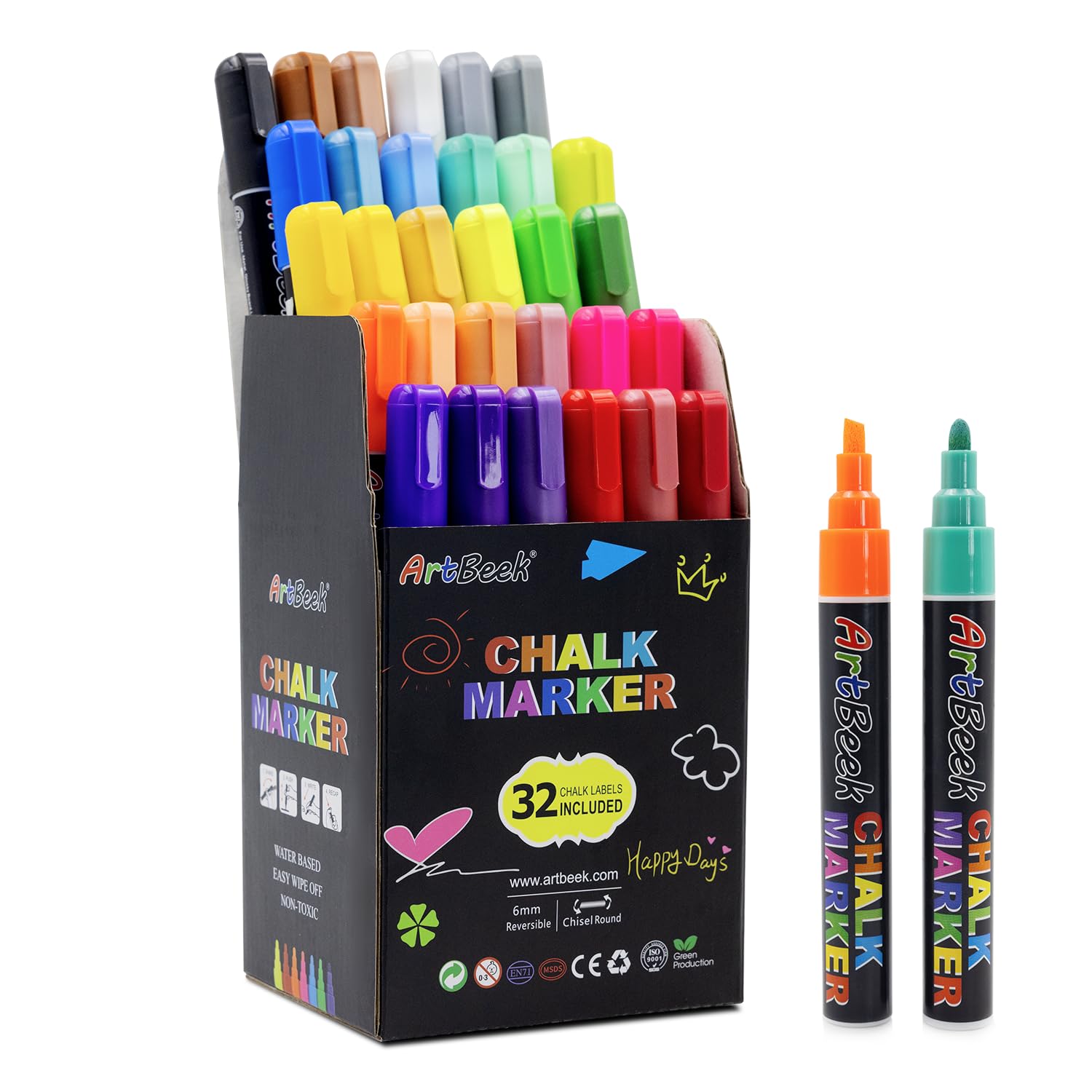 30 Colors Non-Toxic Erasable Chalk Markers with Reversible Tips - Safe for Kids & Adults - Perfect for Glass, Chalkboards, Restaurants, Cafes & Retail Signage